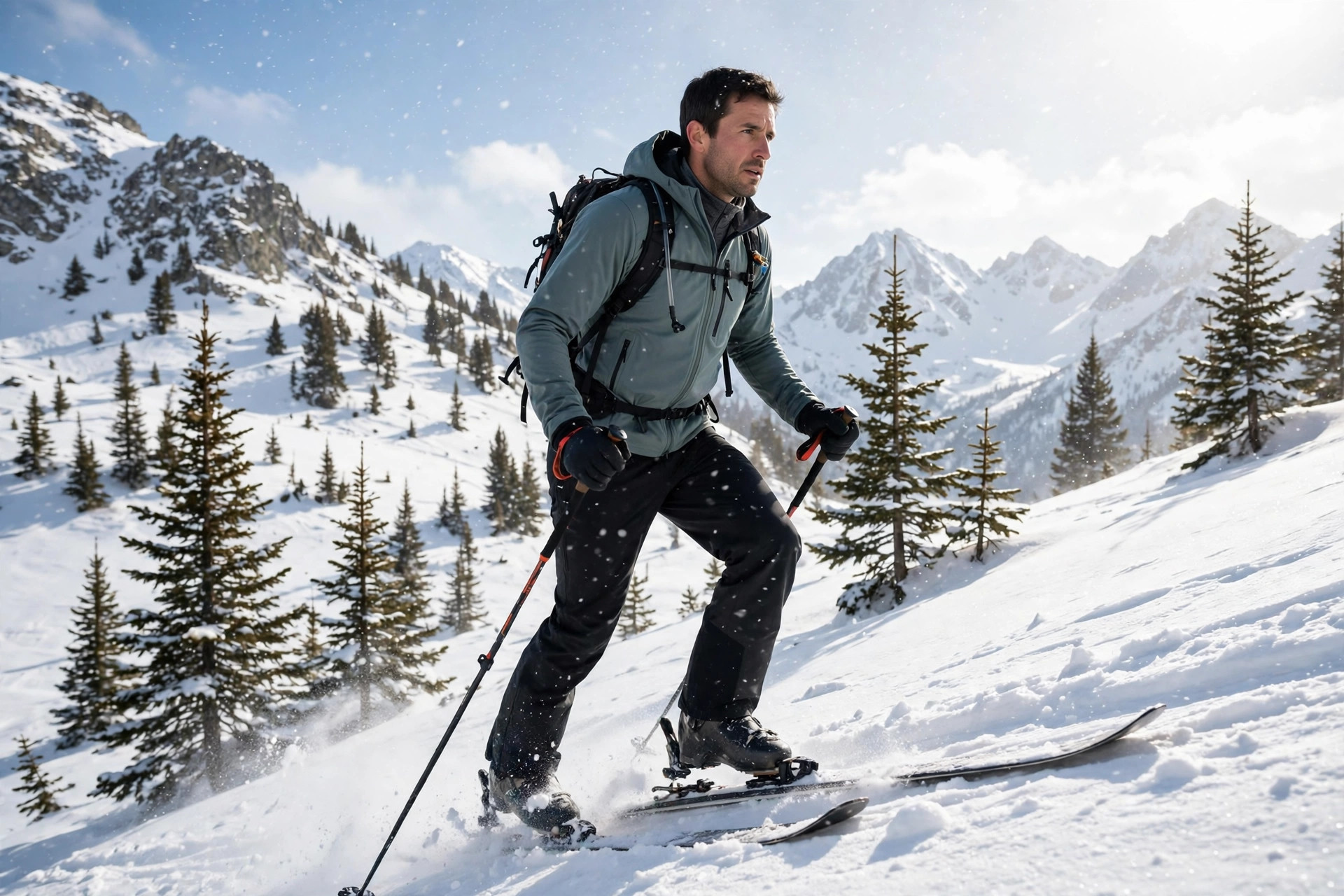 Adult skier moving uphill in dry cold wearing a breathable softshell jacket, in bright mountain light
