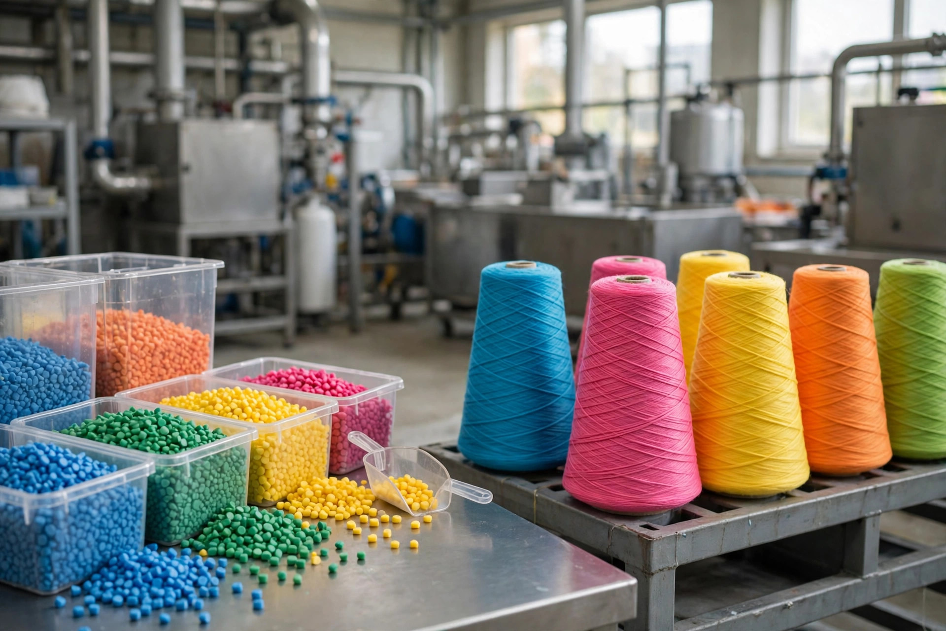 Colored polymer pellets and bright extruded synthetic yarn cones in a solution dyeing plant