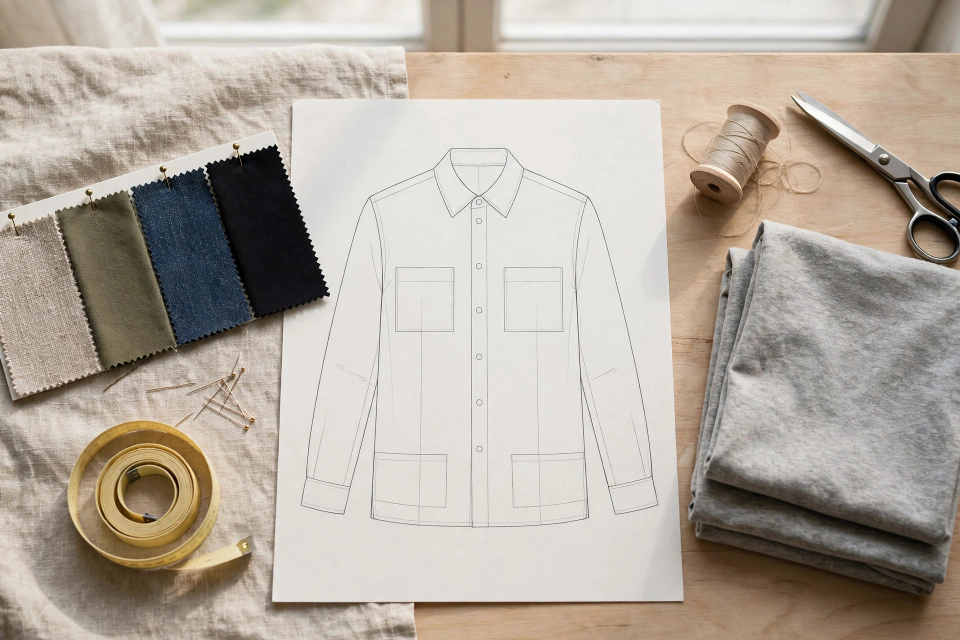 Garment spec sheet with fabric swatches, measuring tape, and a sample garment on a worktable