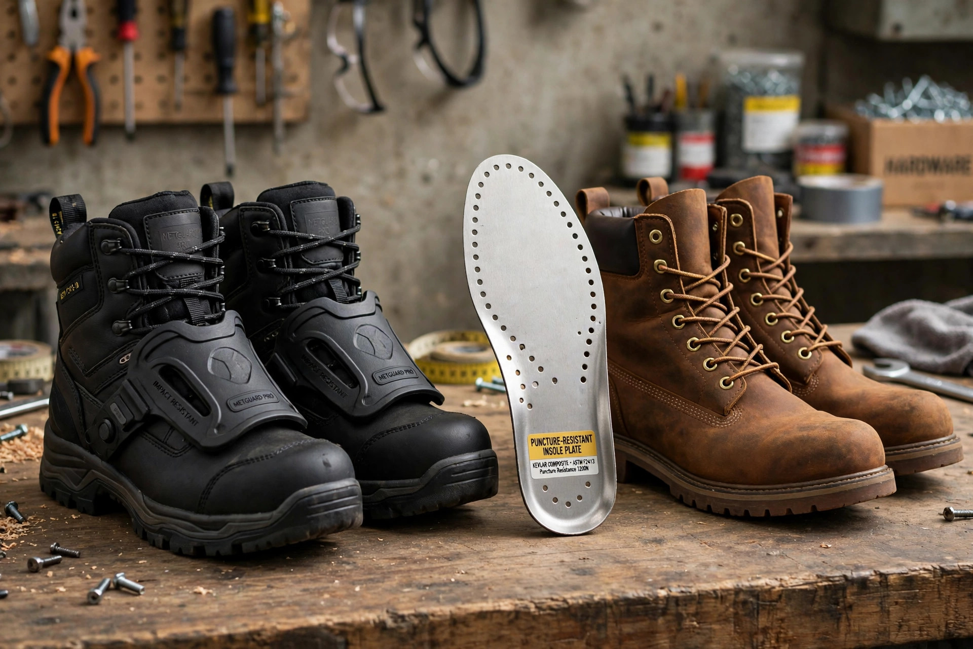 Safety boots with external metatarsal guards beside a puncture-resistant insole plate and a second pair of work boots