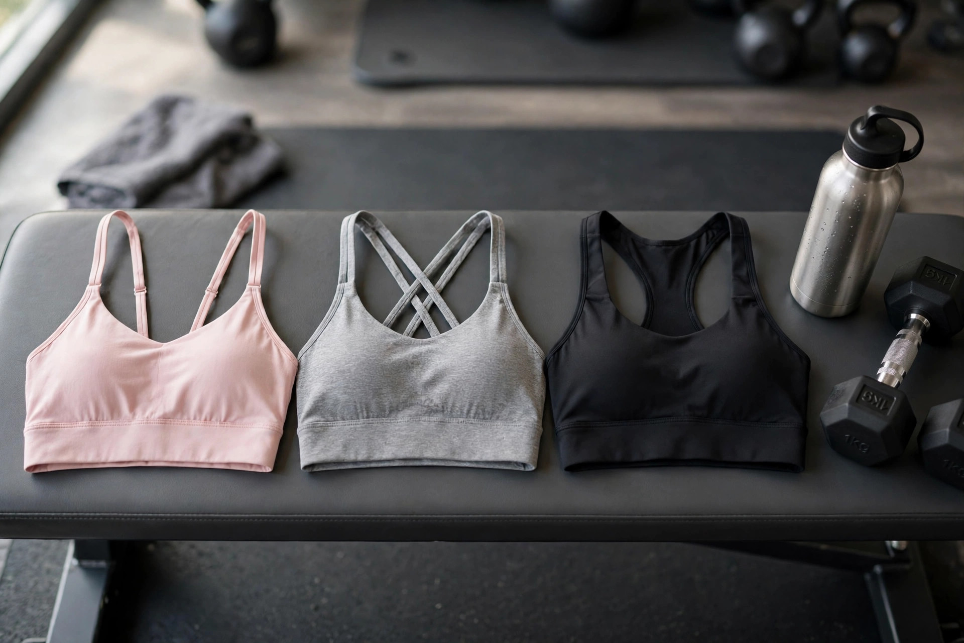 Three women's sports bras in soft pink, grey and black arranged on a gym bench beside a water bottle and dumbbells