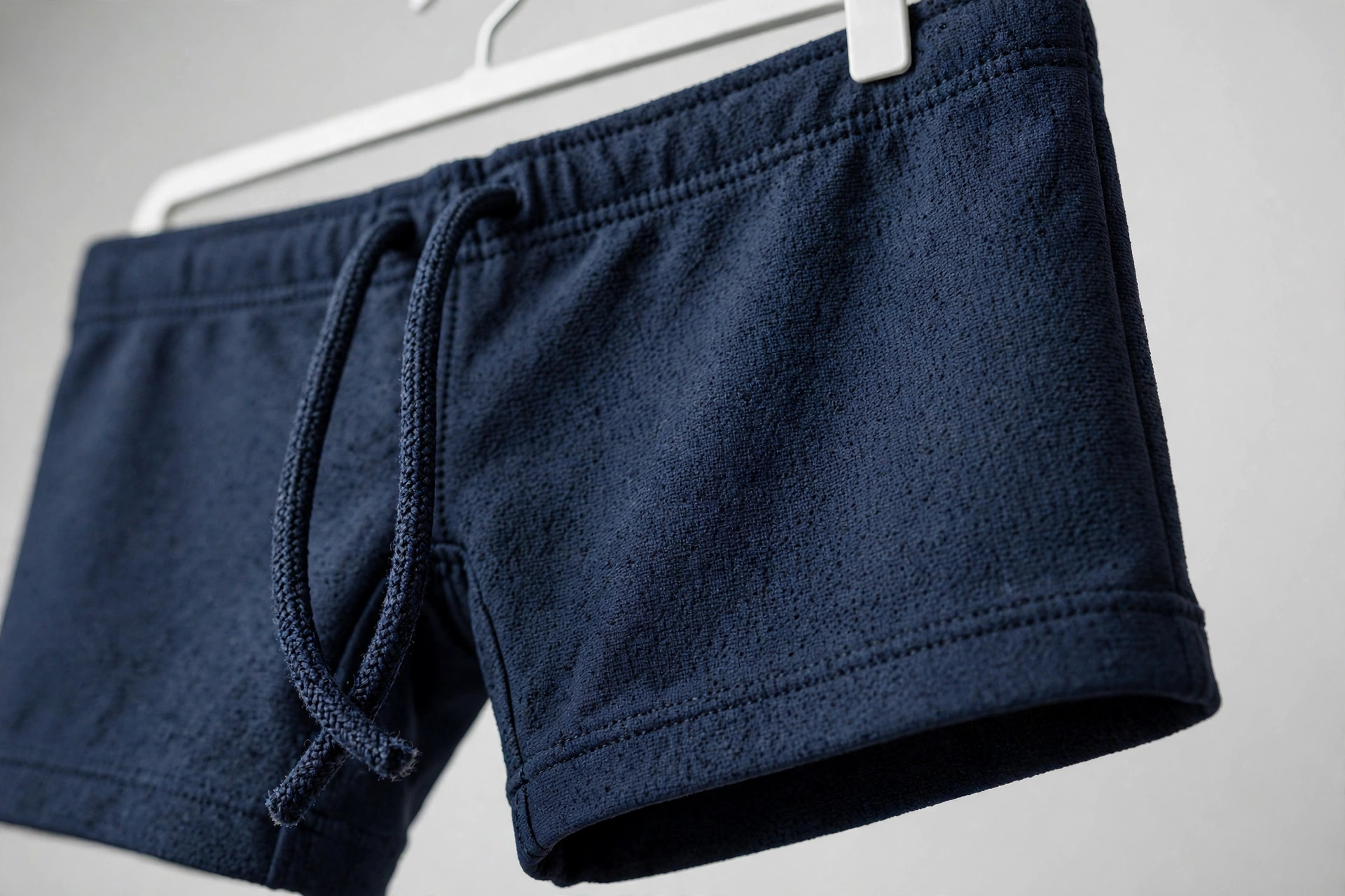 Close view of a men's square-leg swimsuit waistband and drawstring on a hanger, showing the flat square-cut leg hem