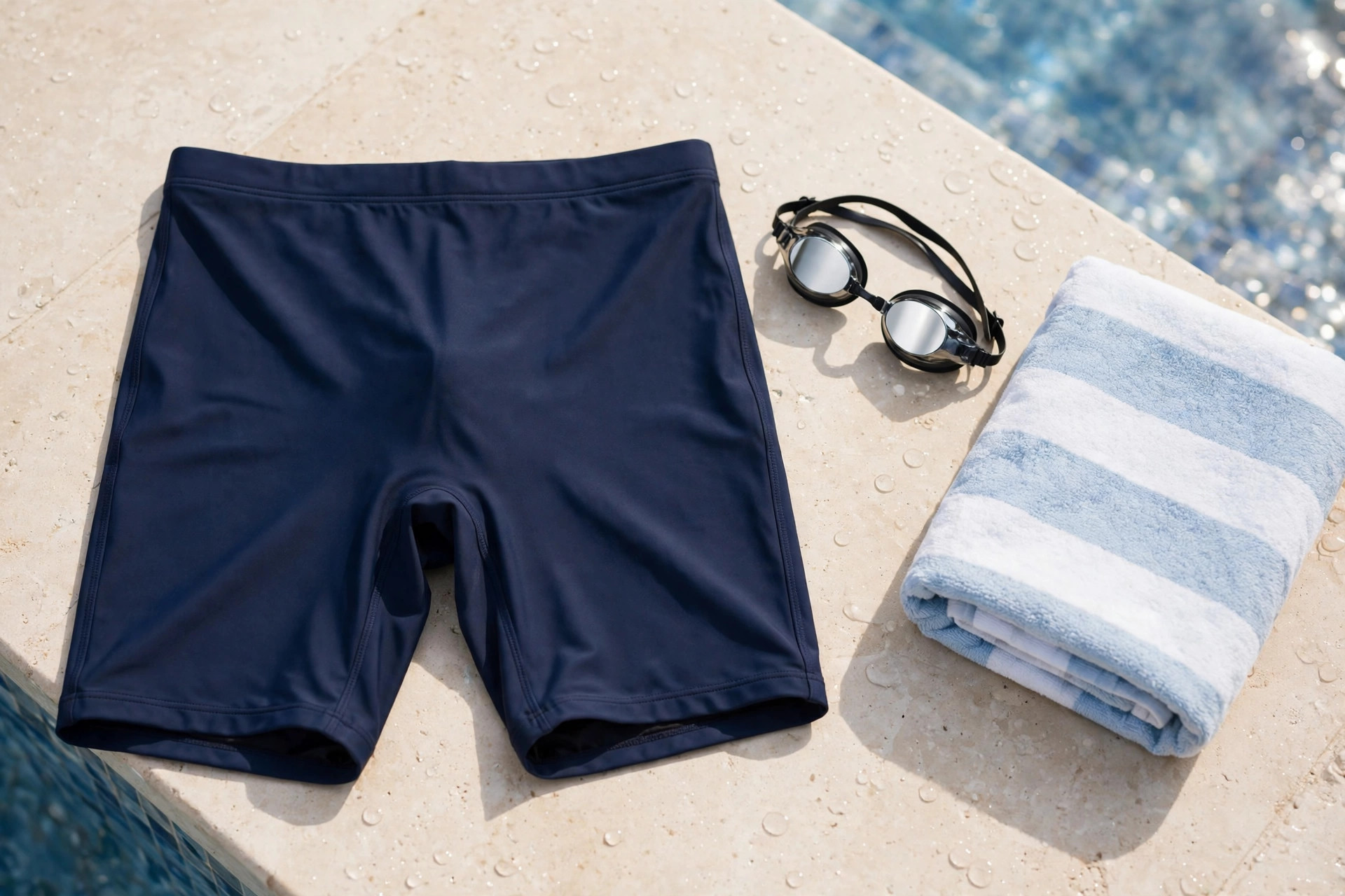Navy men's square-leg swimsuit laid flat on a poolside deck beside swimming goggles and a folded towel