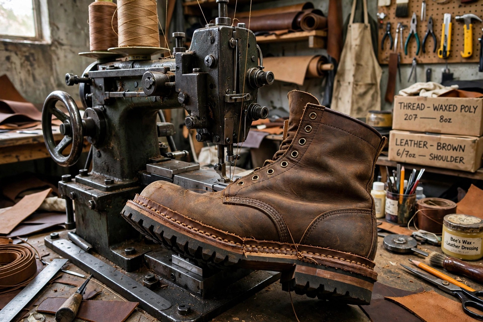 A rugged leather logger boot with stitchdown construction, showing the flared upper stitched directly through the midsole in a visible ring