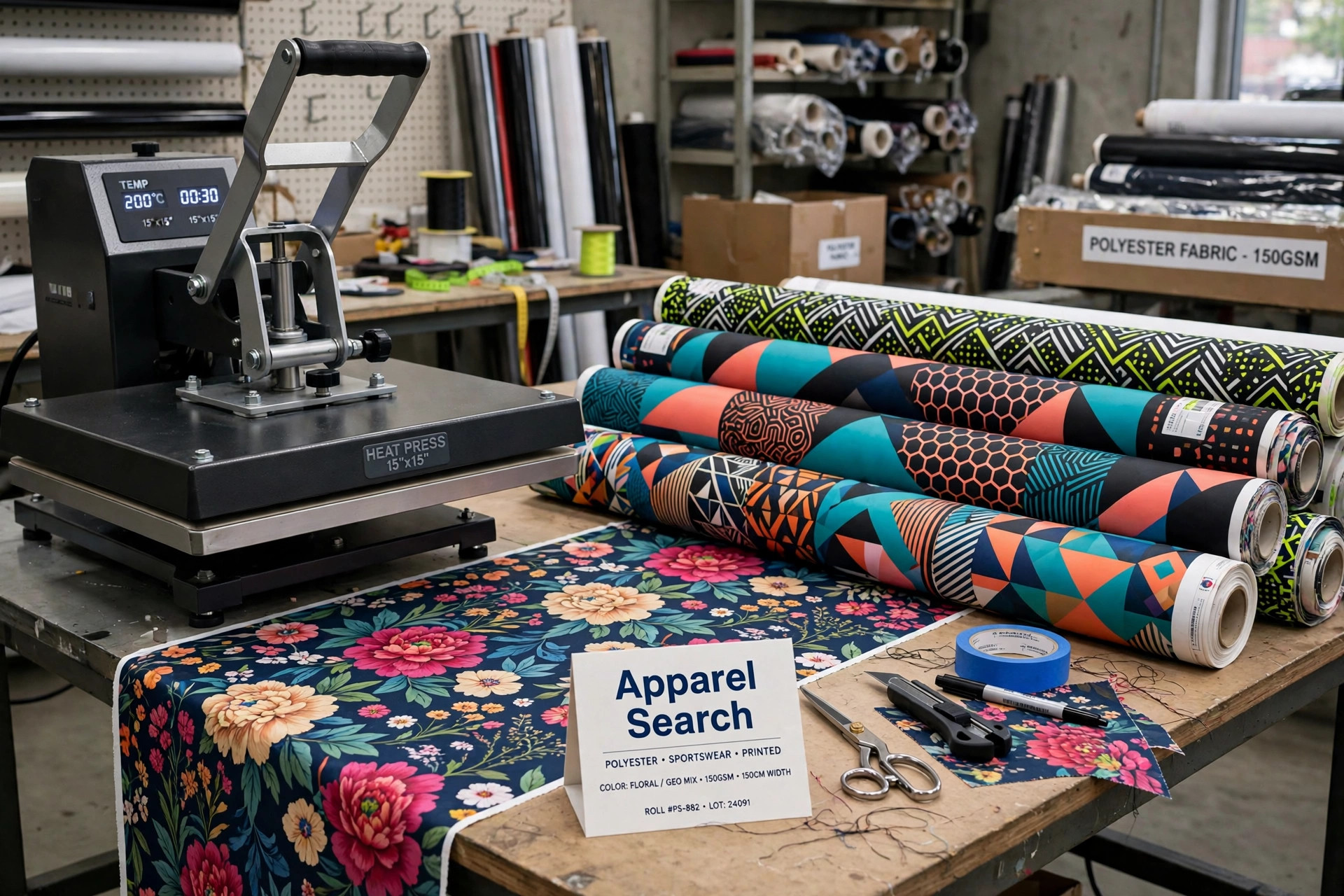 Heat press and rolls of brightly printed polyester sportswear fabric in a print workshop