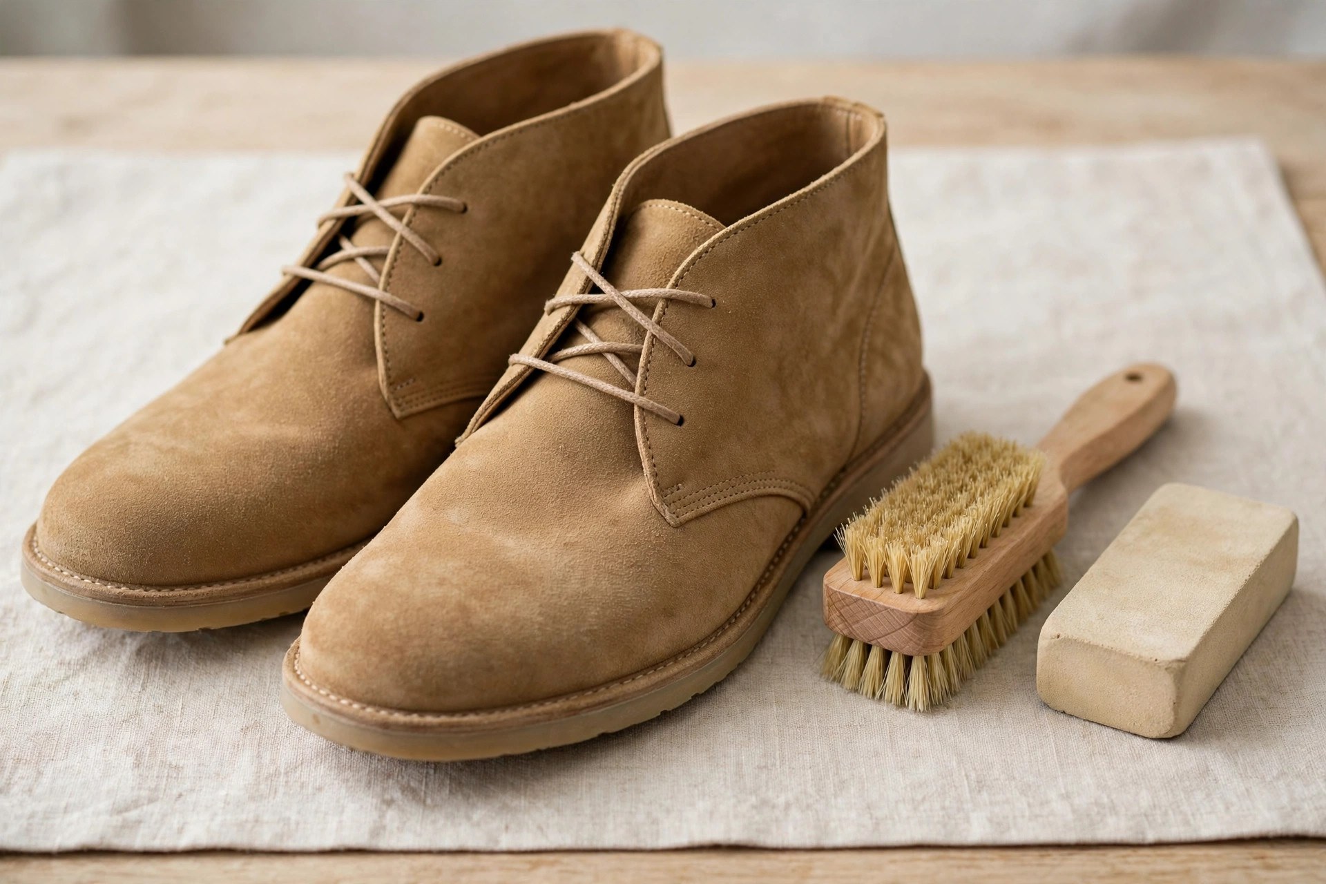 Tan suede shoes beside a suede brush and eraser block