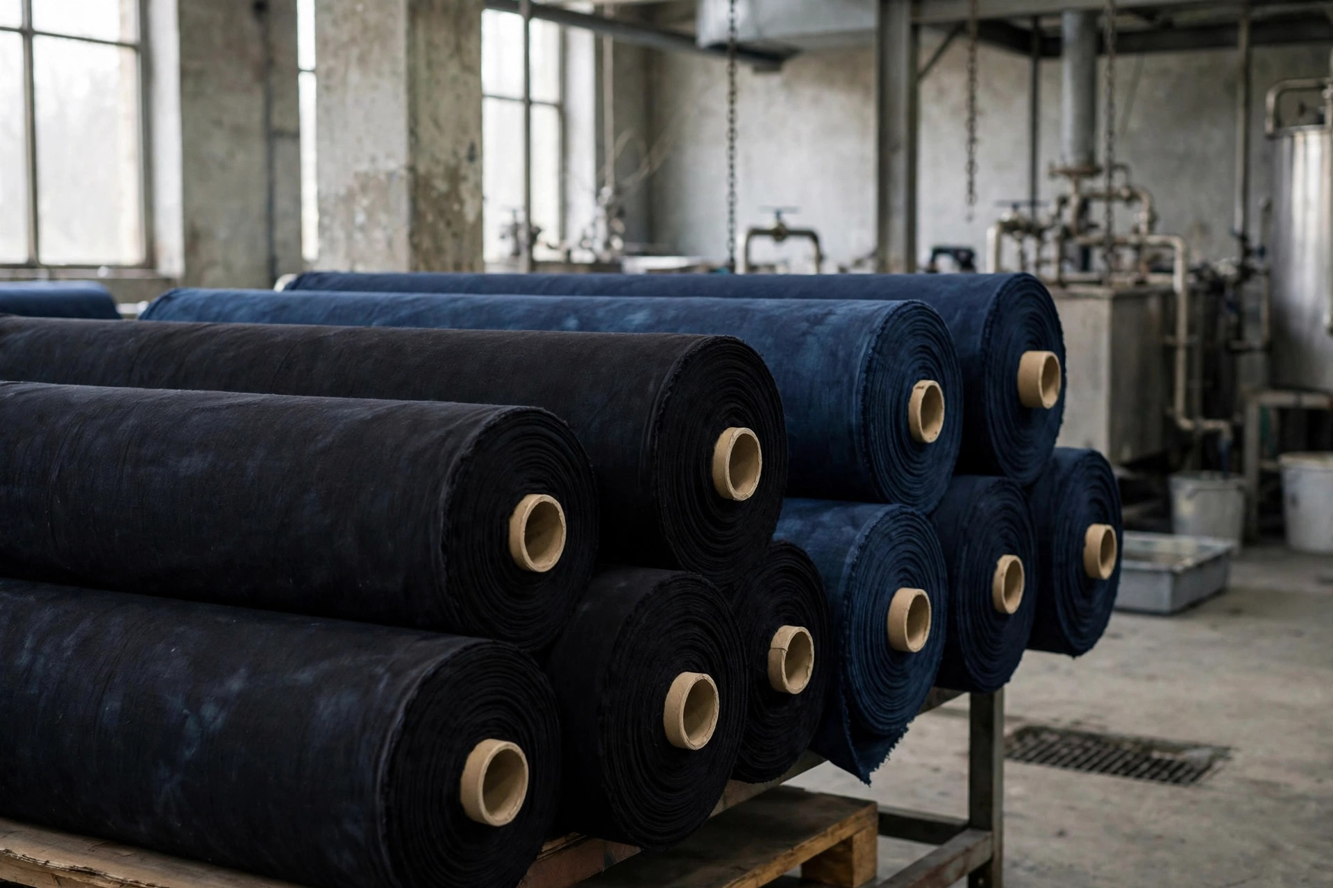 Dark black and navy sulfur-dyed cotton fabric rolls in a dyehouse