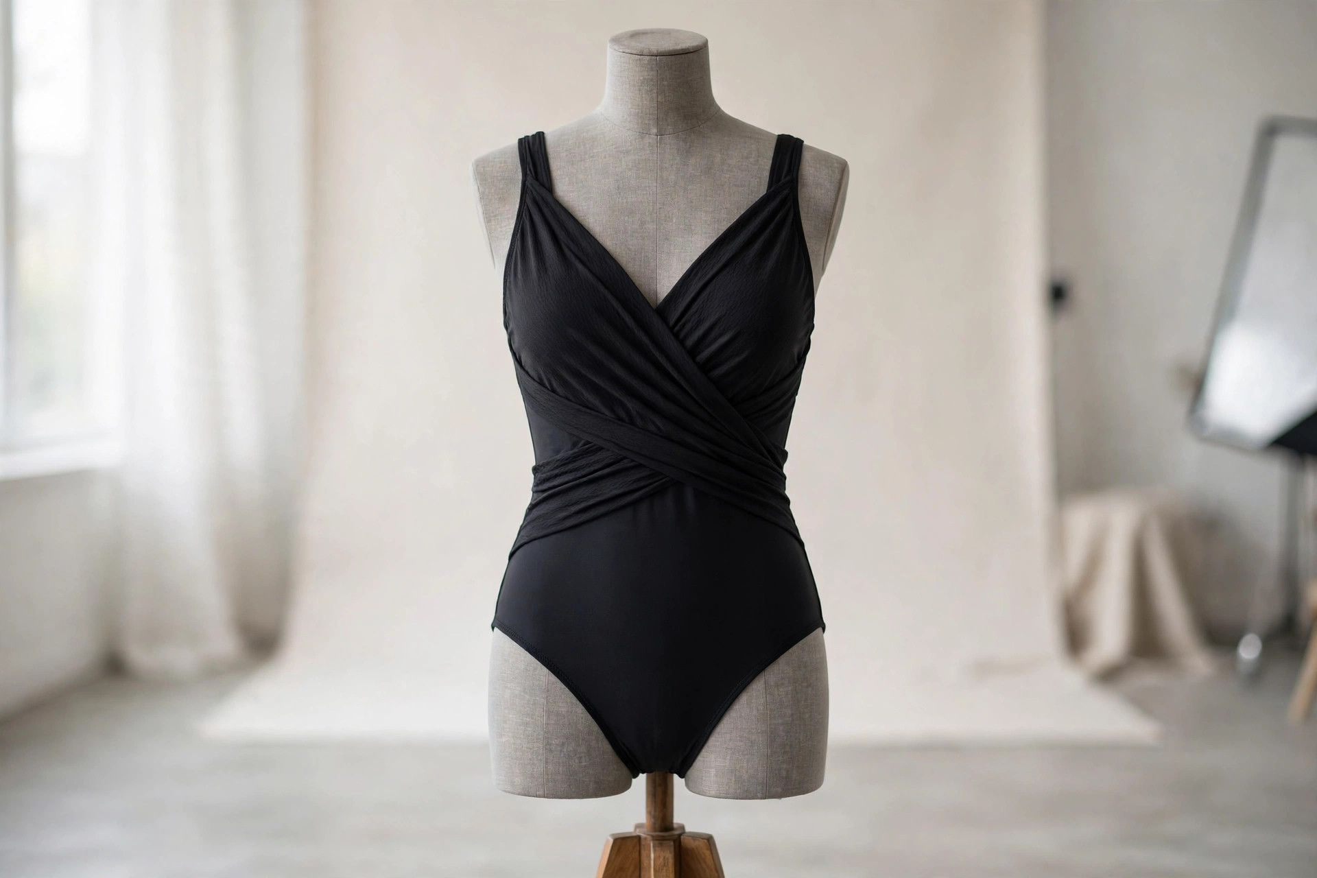 Elegant black surplice one-piece swimsuit with a wrap-style crossover bodice on a dress form mannequin in a bright studio
