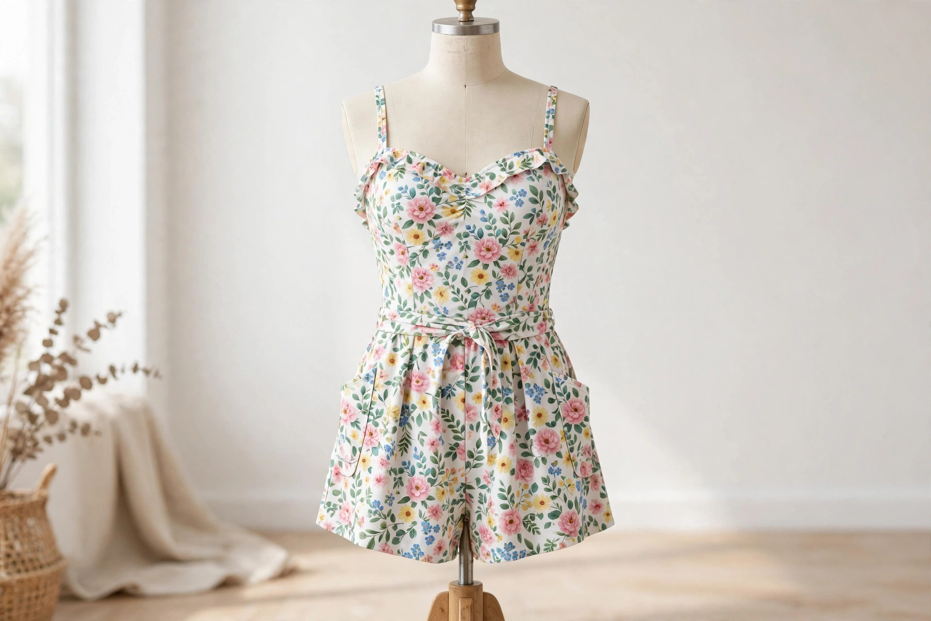 Floral-print women's swim romper, a one-piece swimsuit with loose romper-style shorts, on a dress form mannequin in a bright studio