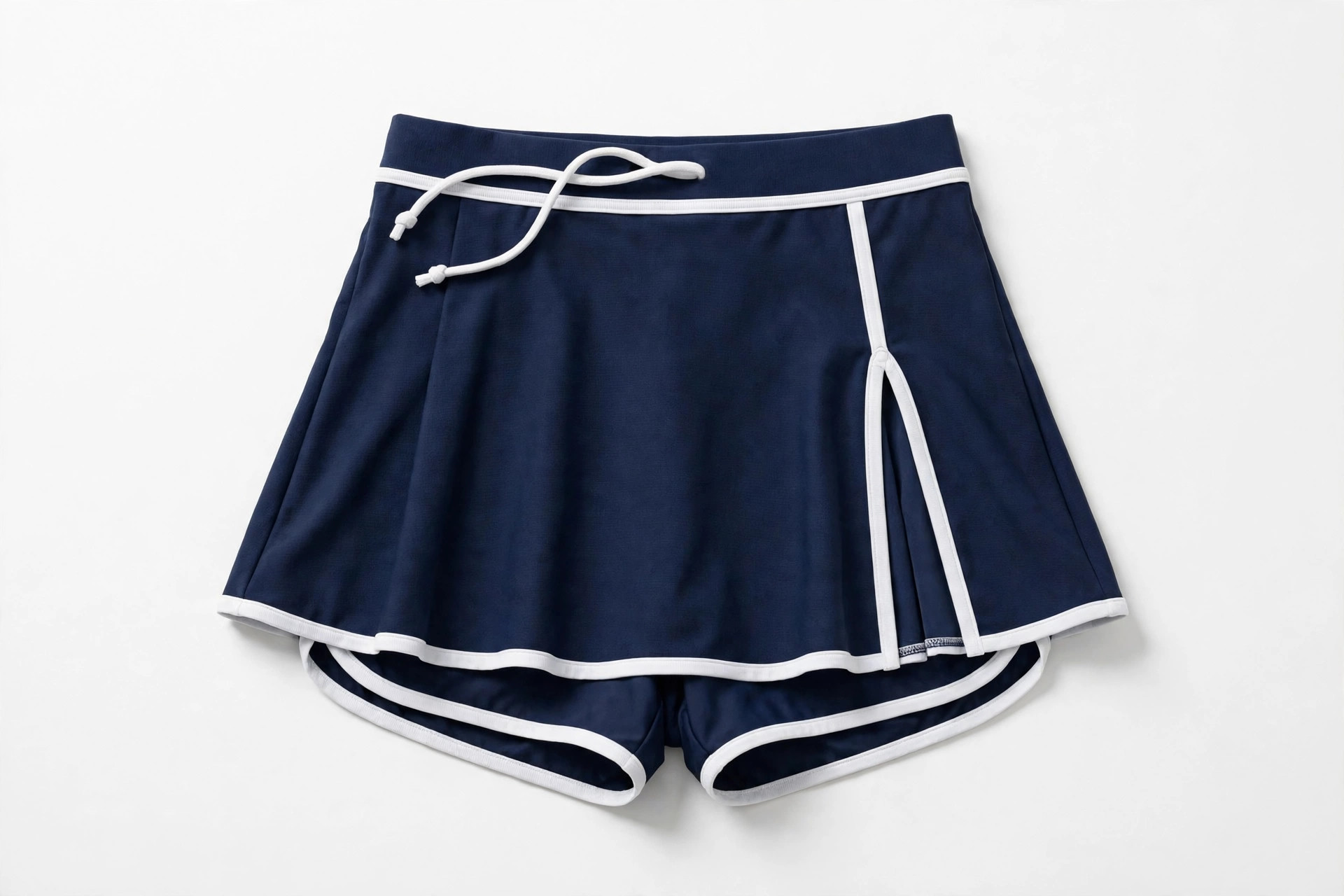 Navy women's swim skort with white trim laid flat on a white studio background, showing the waistband, skirt overlay and side slit