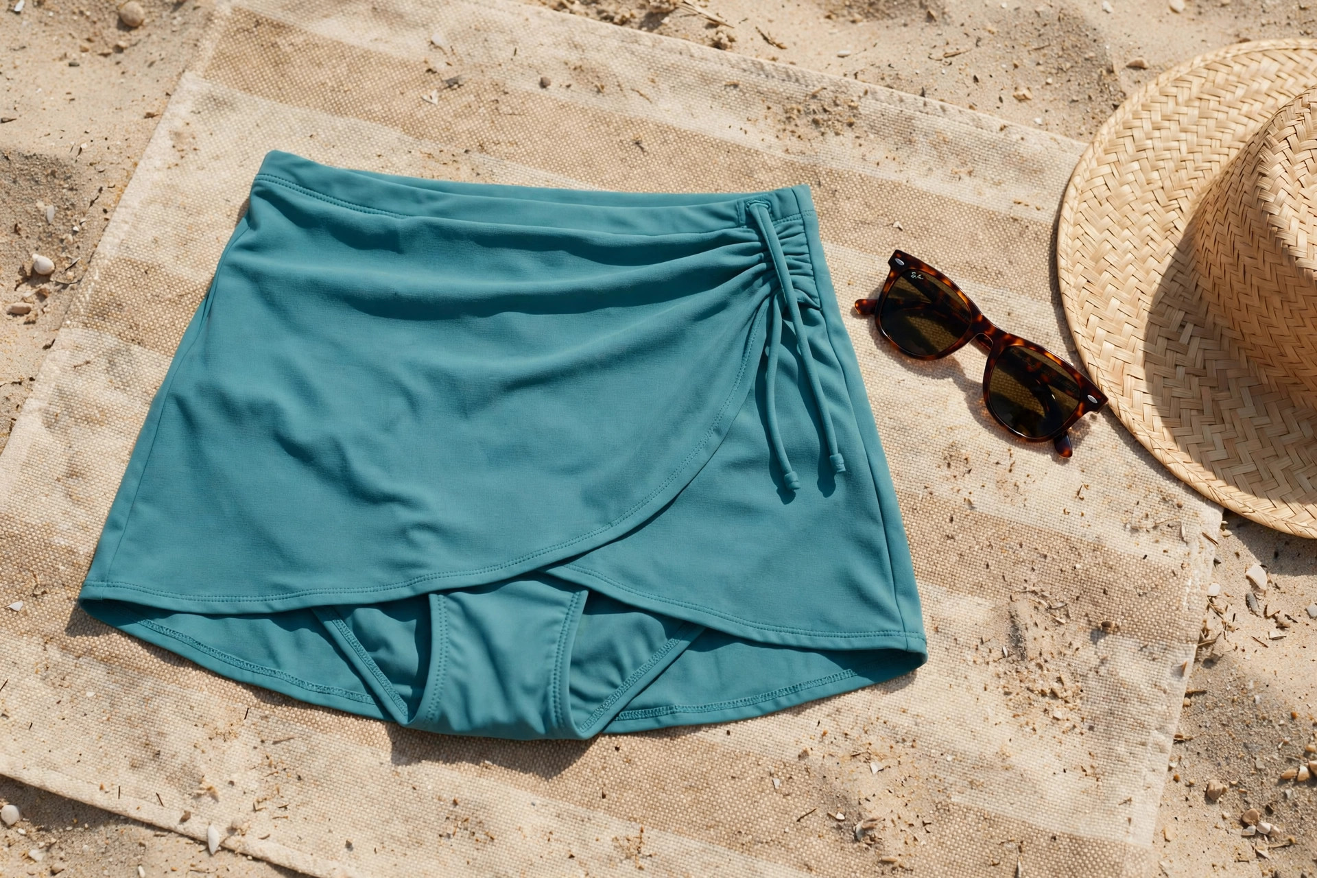 Teal women's swim skort laid flat on a beach towel beside sunglasses and a sun hat