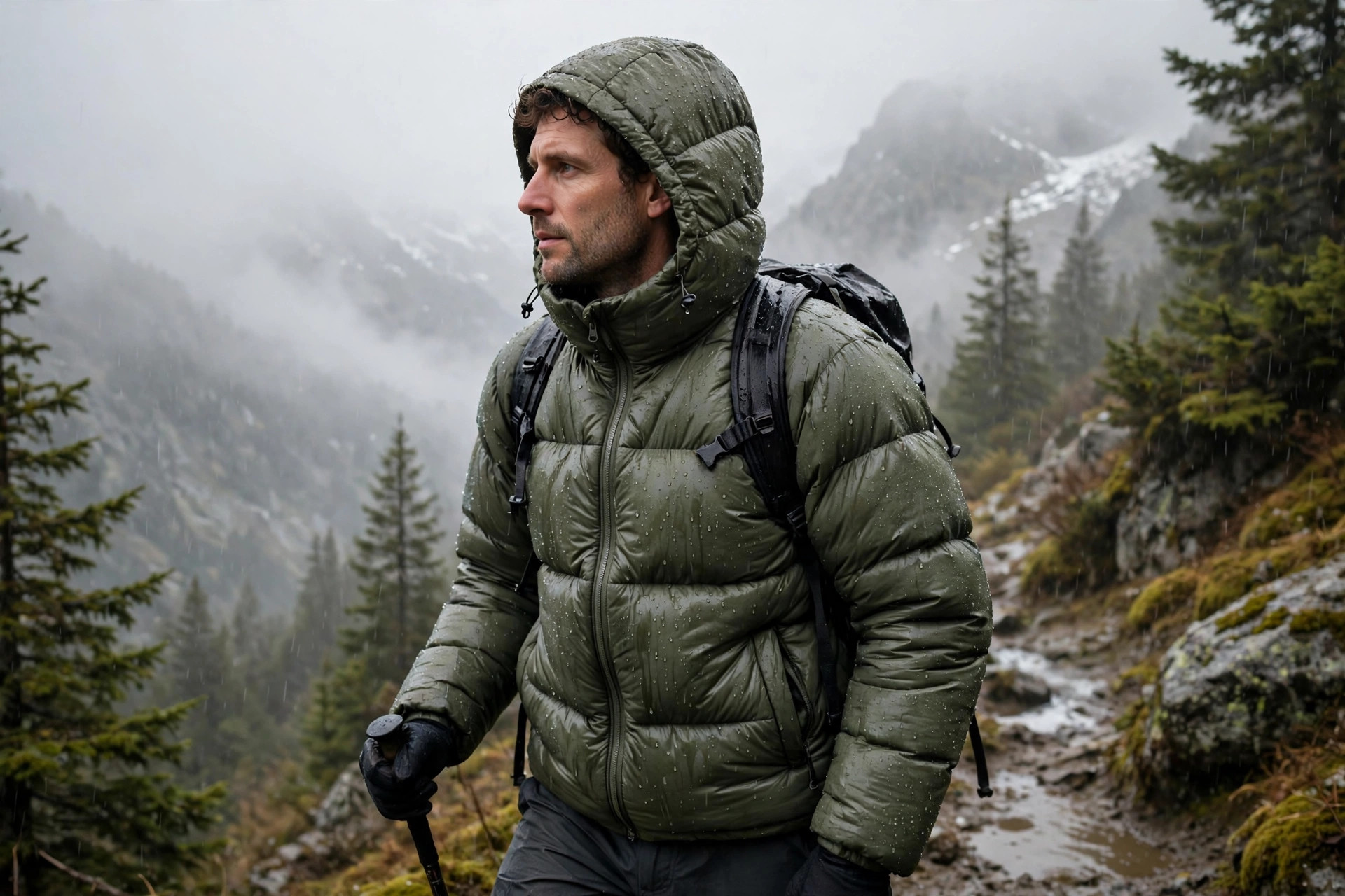 Adult hiker in damp misty mountain conditions wearing a synthetic insulated jacket that remains lofty despite moisture
