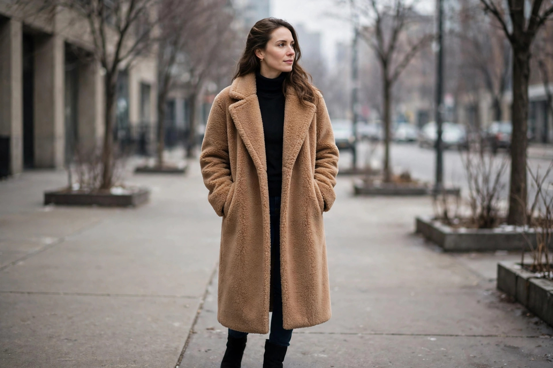 Woman wearing a long camel teddy coat over a black top and jeans on a city sidewalk in winter