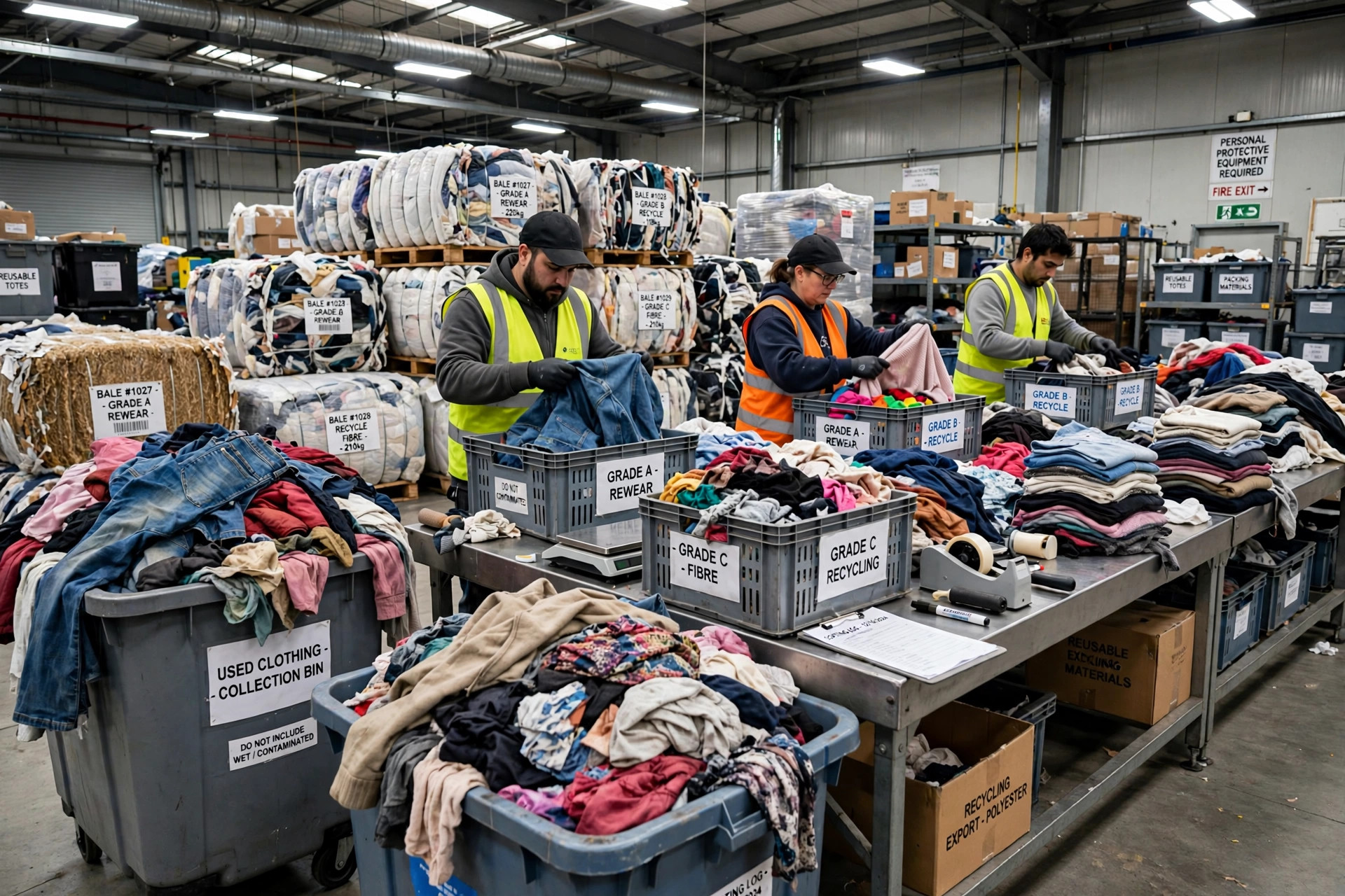 Workers sorting used clothing for reuse and recycling in a textile collection warehouse
