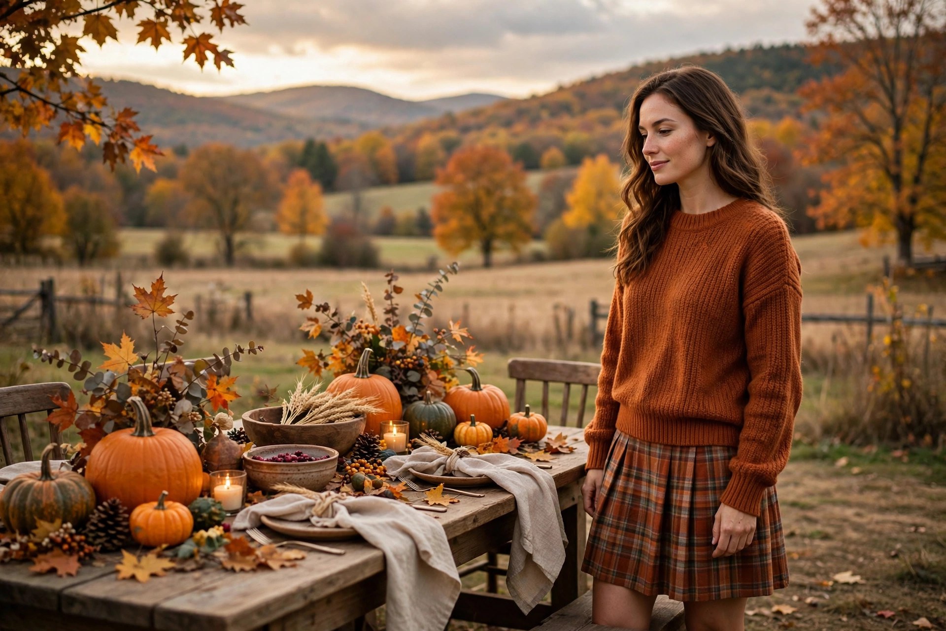 A woman in a rust-orange sweater and plaid skirt beside an autumn dining table with pumpkins