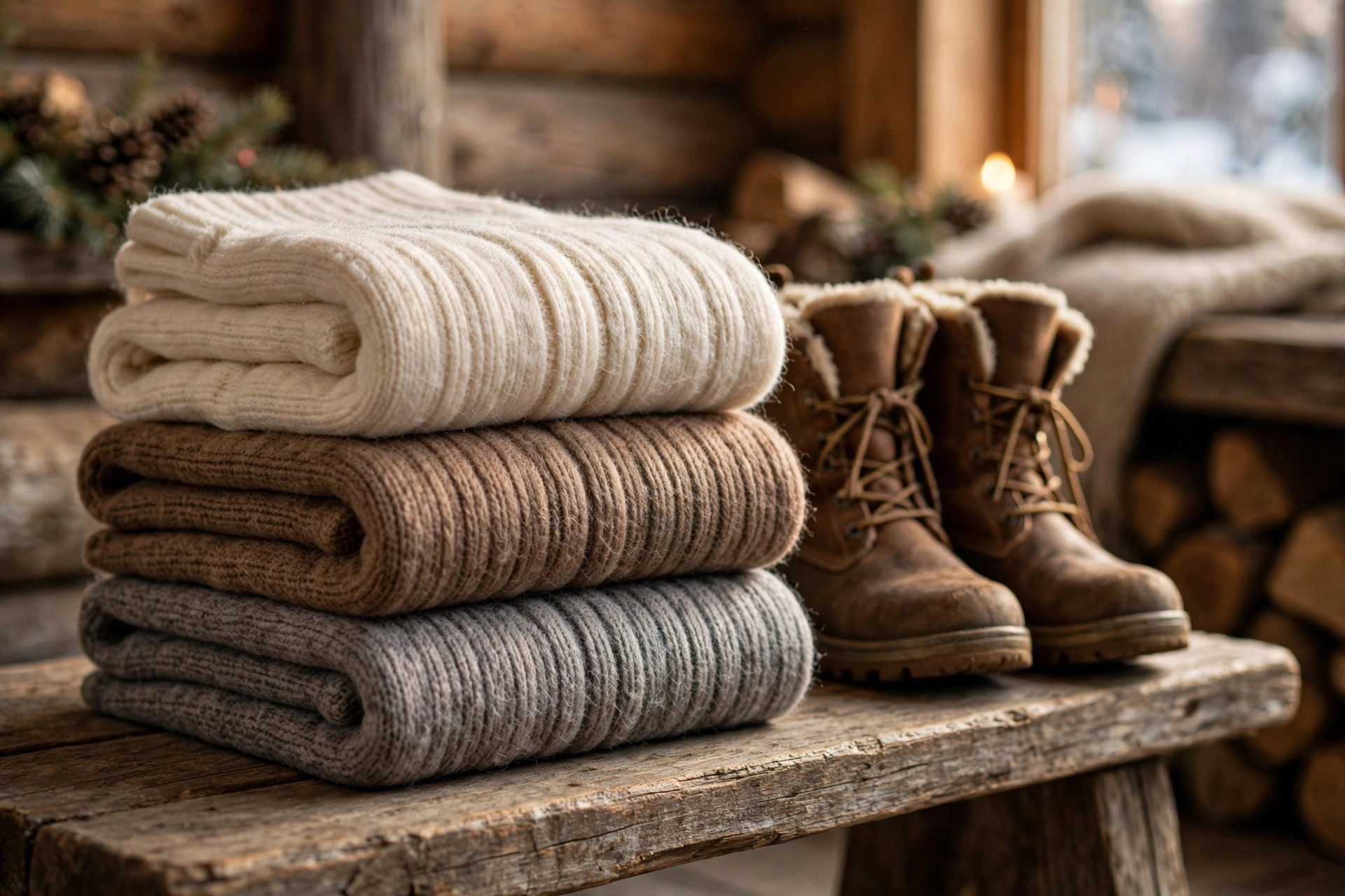 Folded stack of thick merino thermal socks in earth tones beside winter boots