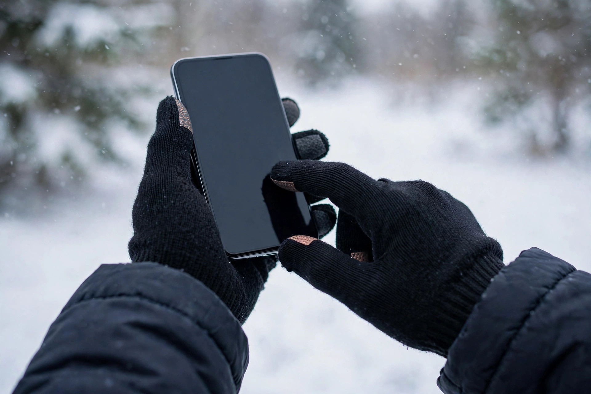 Hands in black touchscreen gloves using a smartphone outdoors on a snowy day