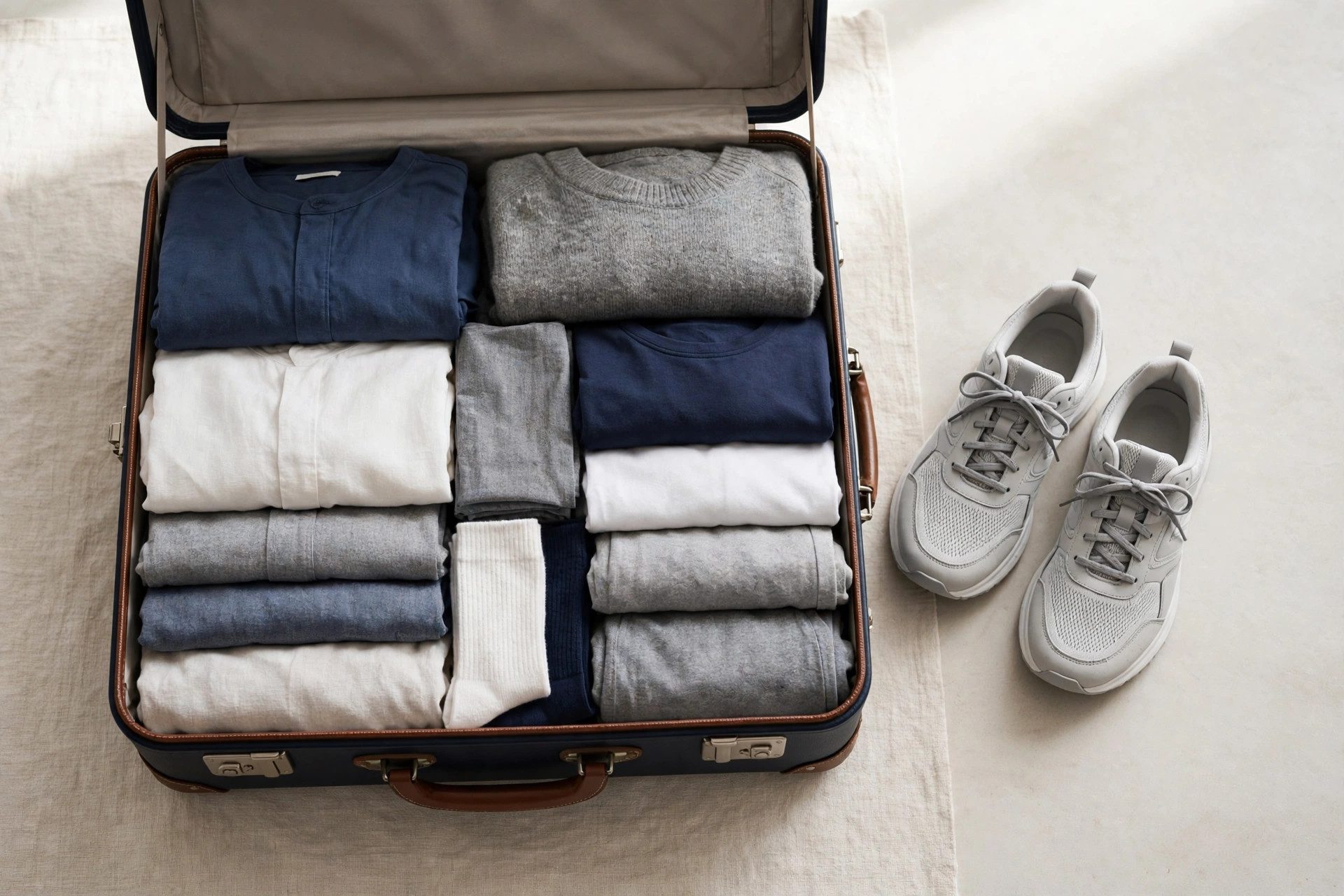 Open suitcase with neatly folded travel outfits in neutral colours beside comfortable walking shoes