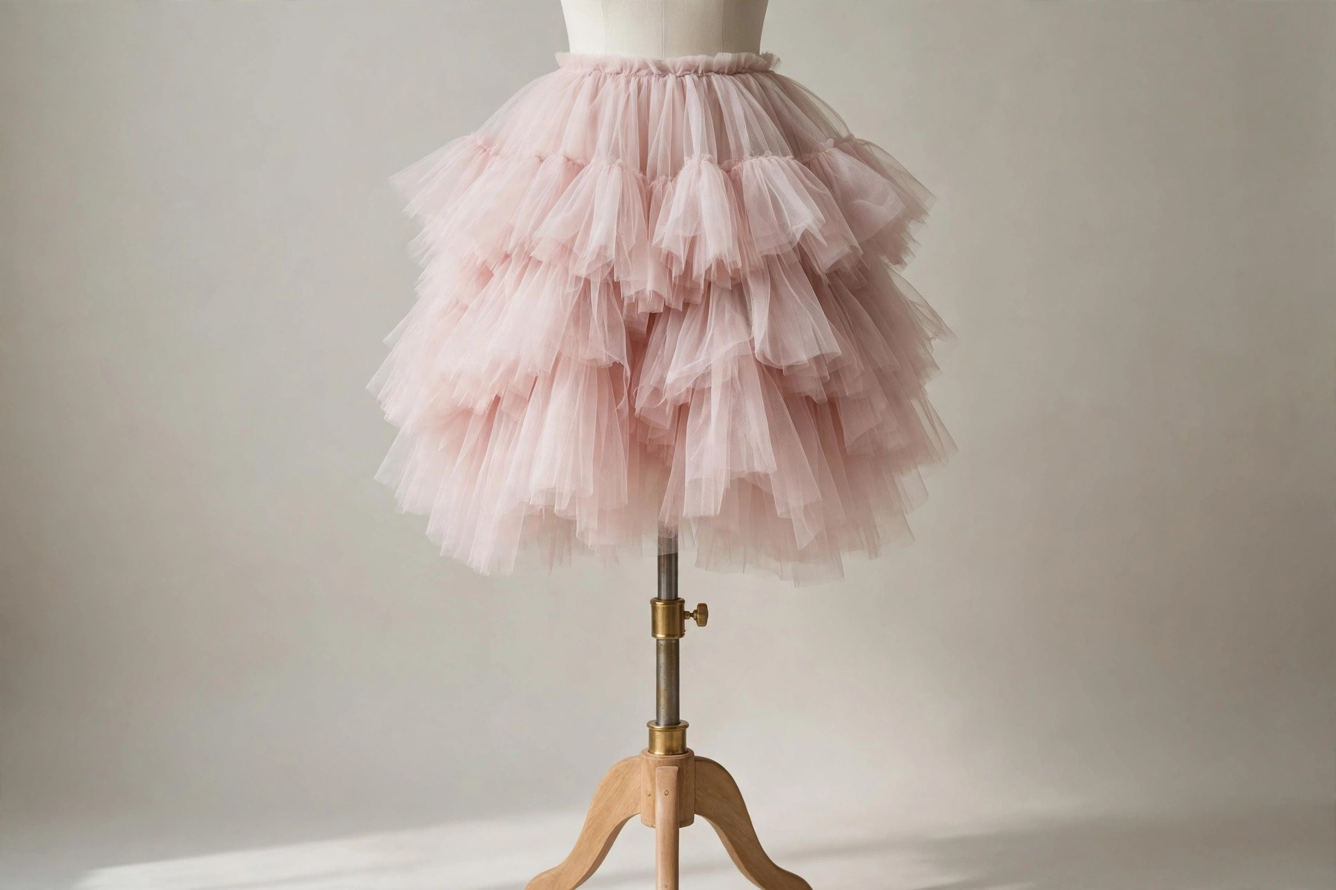 Pale pink layered tulle skirt on a display stand, its fine net layers falling in a soft, full shape