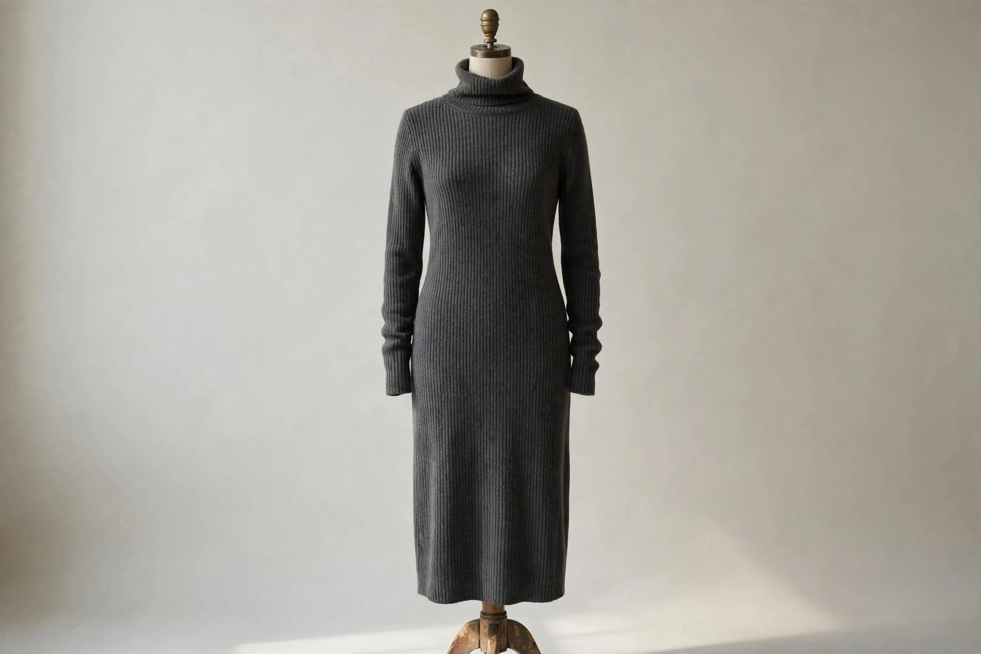 Charcoal ribbed-knit turtleneck dress on a dress form in a studio setting