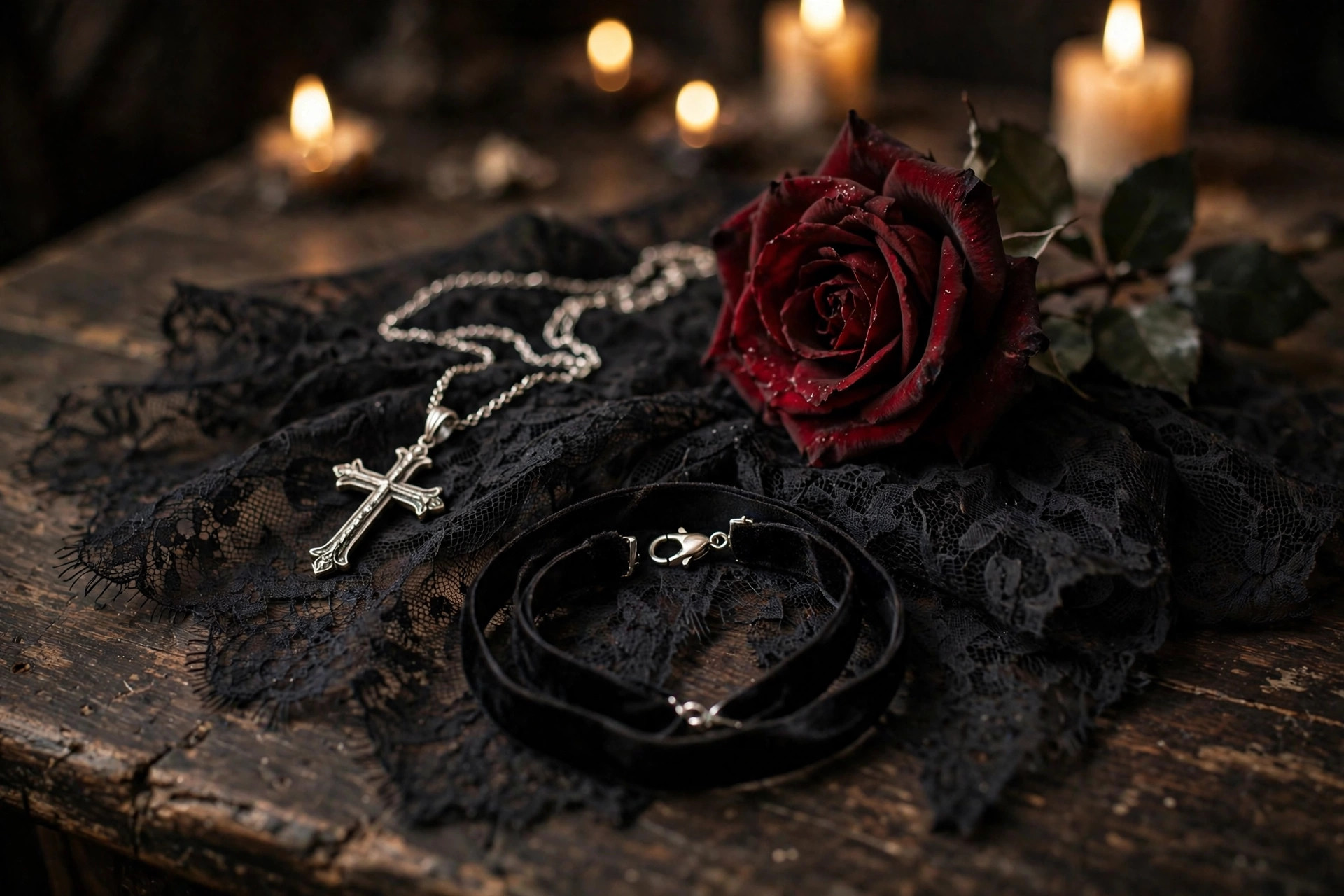Black lace fabric, a dark red rose, a silver cross pendant and a black velvet ribbon choker arranged on a dark wooden table in candlelight
