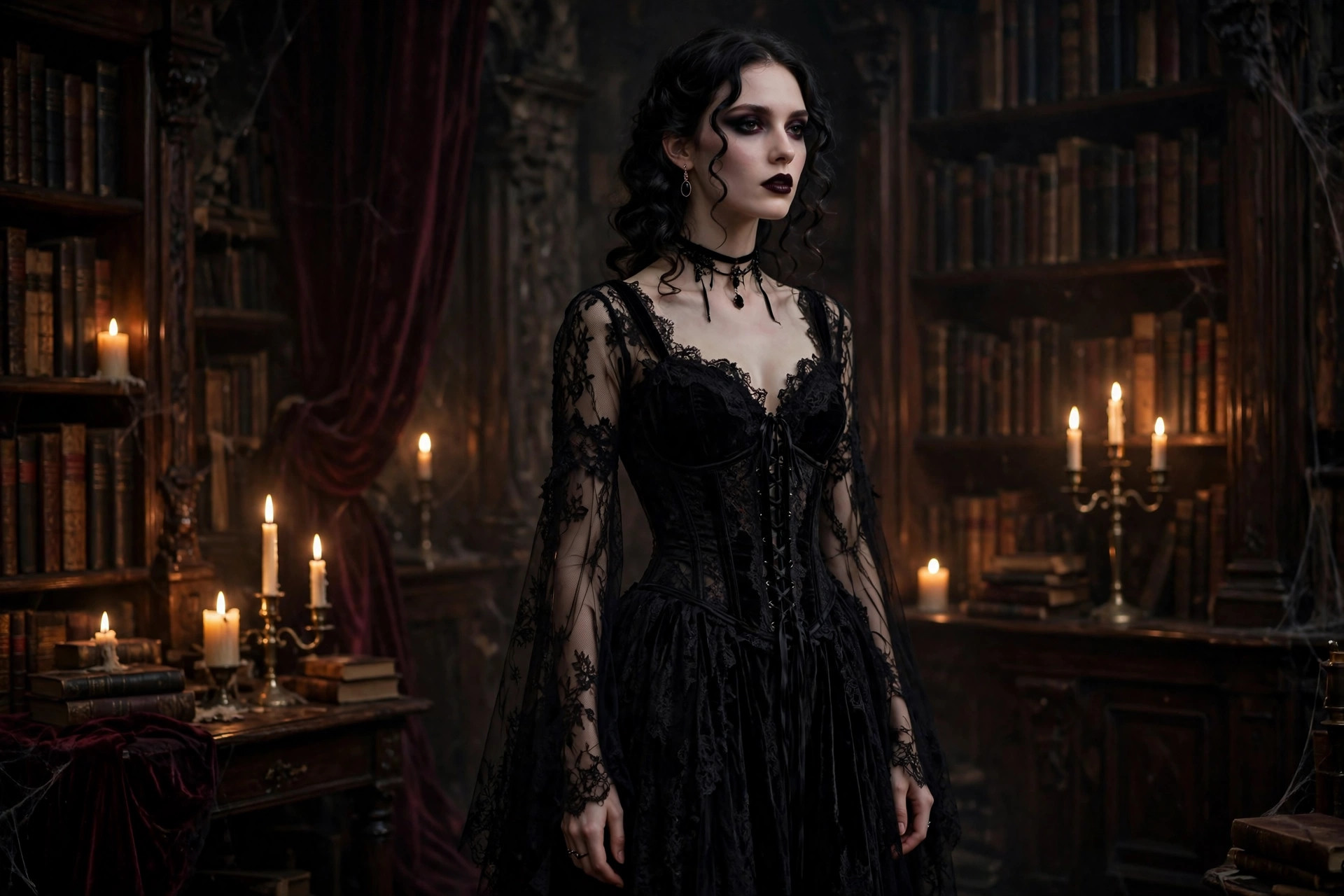 Woman in gothic romantic styling wearing a black lace and velvet dress with a corseted bodice in a candlelit old library