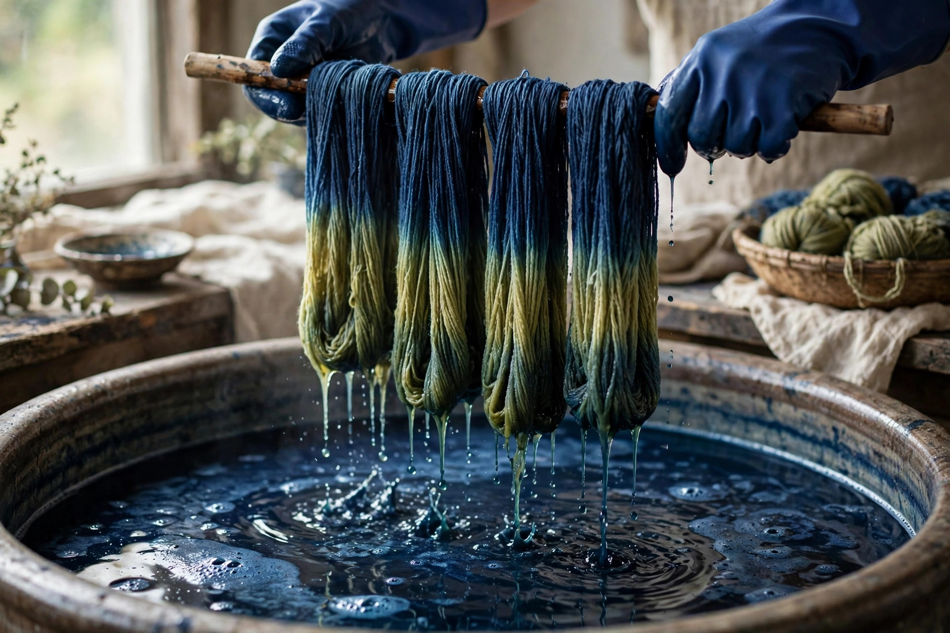 Indigo vat dyeing with yarn hanks being lifted from a blue dye vat and turning color in the air