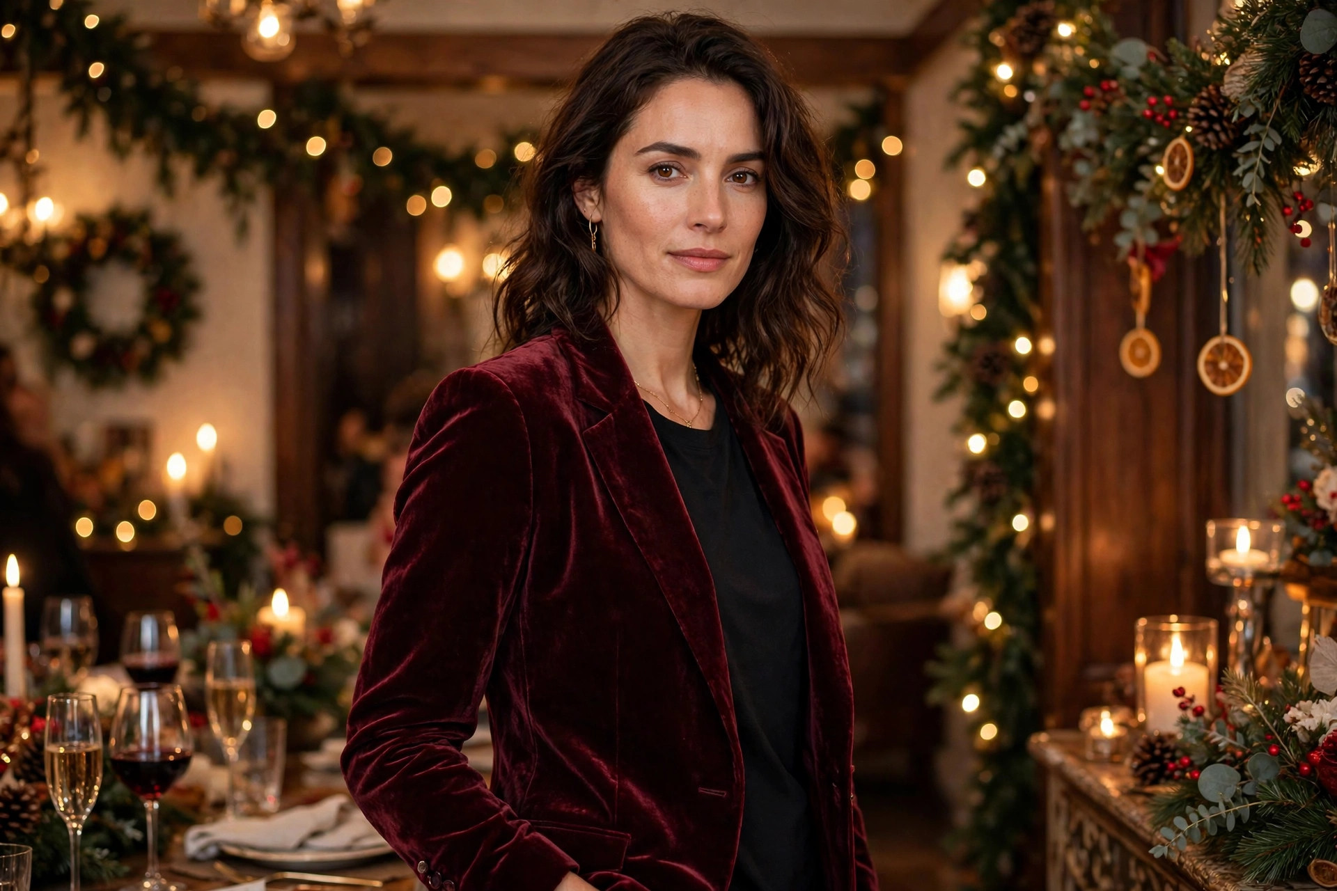 A woman wearing a burgundy velvet blazer over a black top at a holiday party