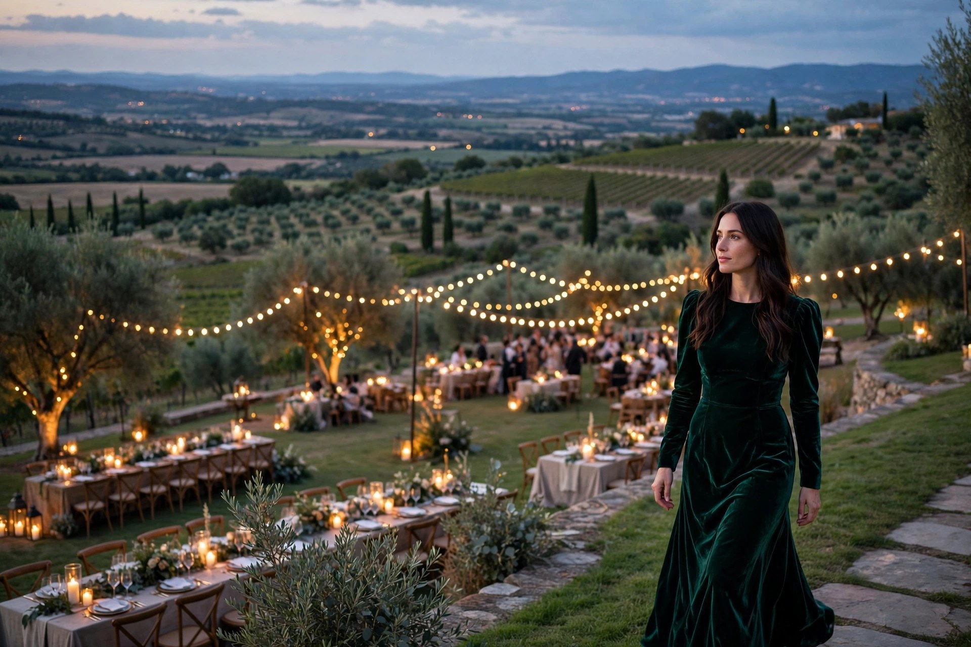 A woman wearing a deep emerald green velvet dress at an evening event