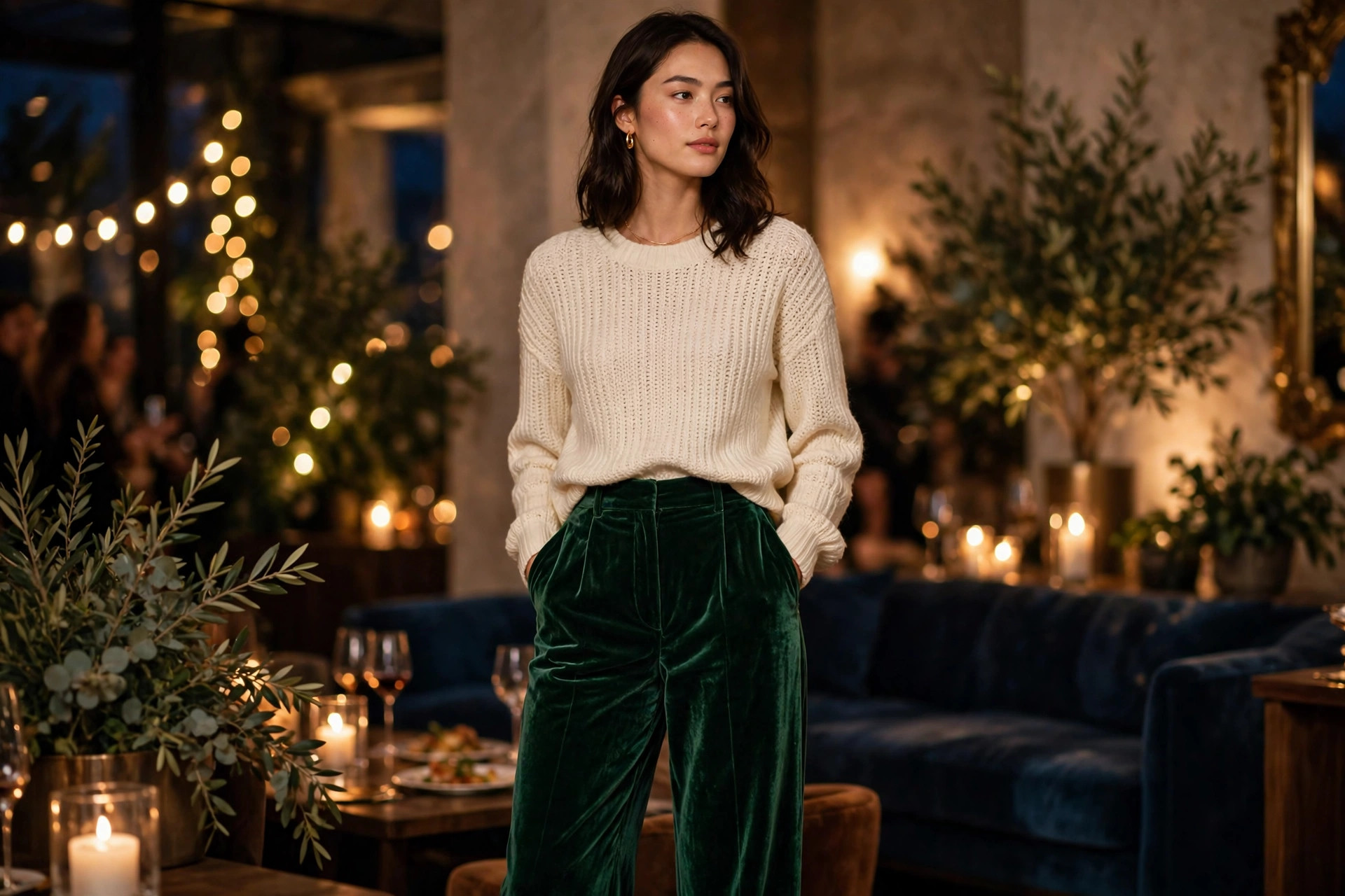 A woman wearing emerald green velvet wide-leg trousers with a cream knit top at an evening party