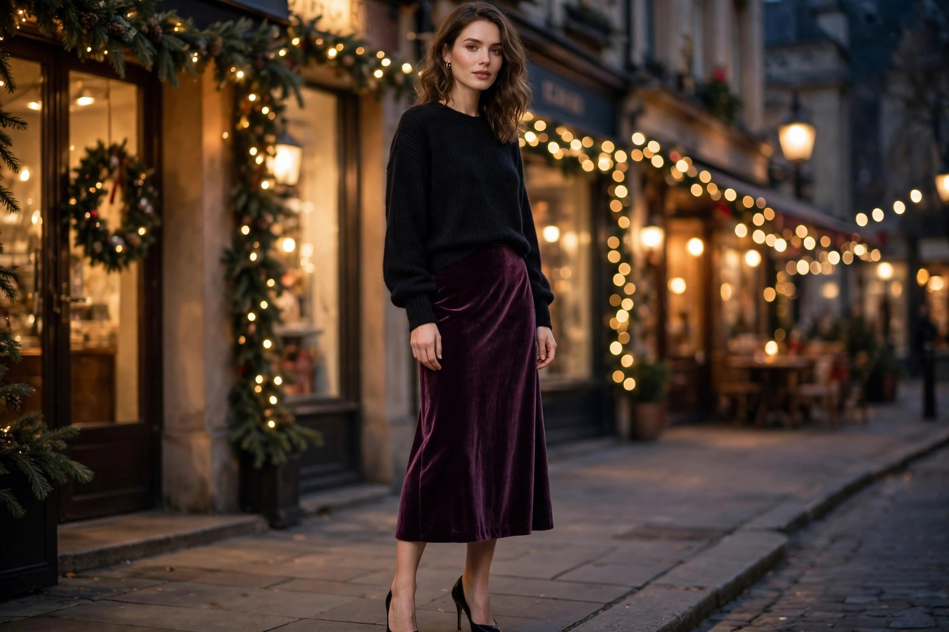 A woman wearing a deep plum velvet midi skirt with a black knit sweater and heels at a holiday gathering