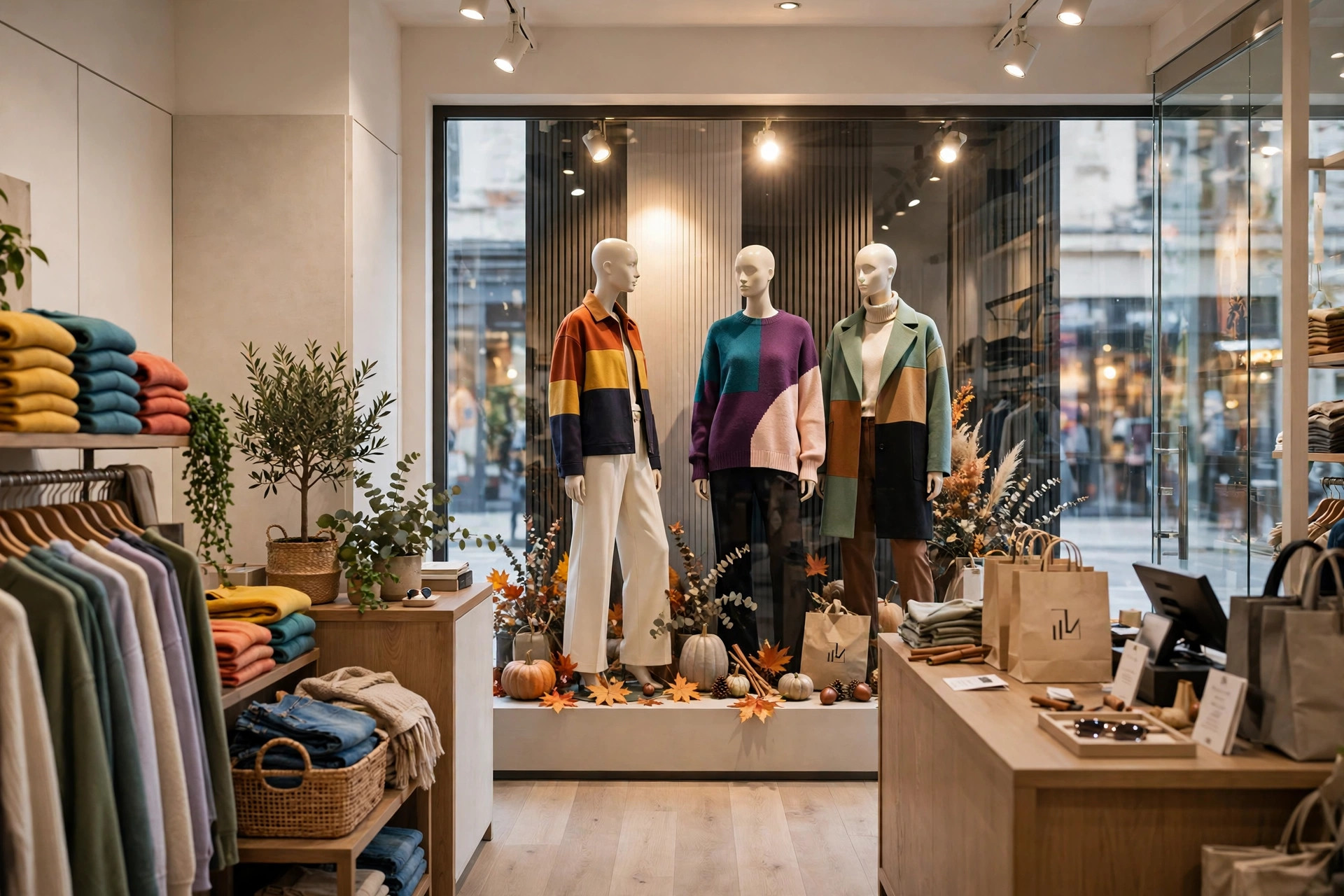 Clothing store window display with dressed mannequins, color-blocked garments, focal lighting, and seasonal props