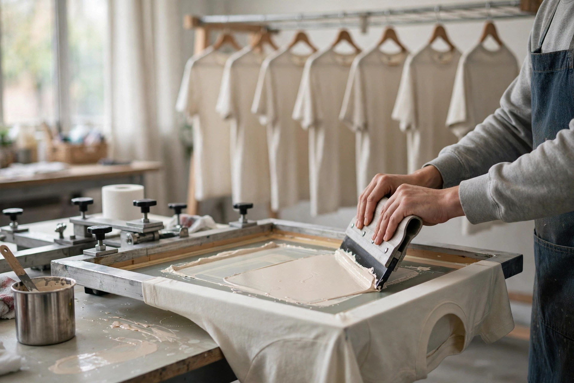 Printer screening water-based ink onto light fabric t-shirts hanging to cure