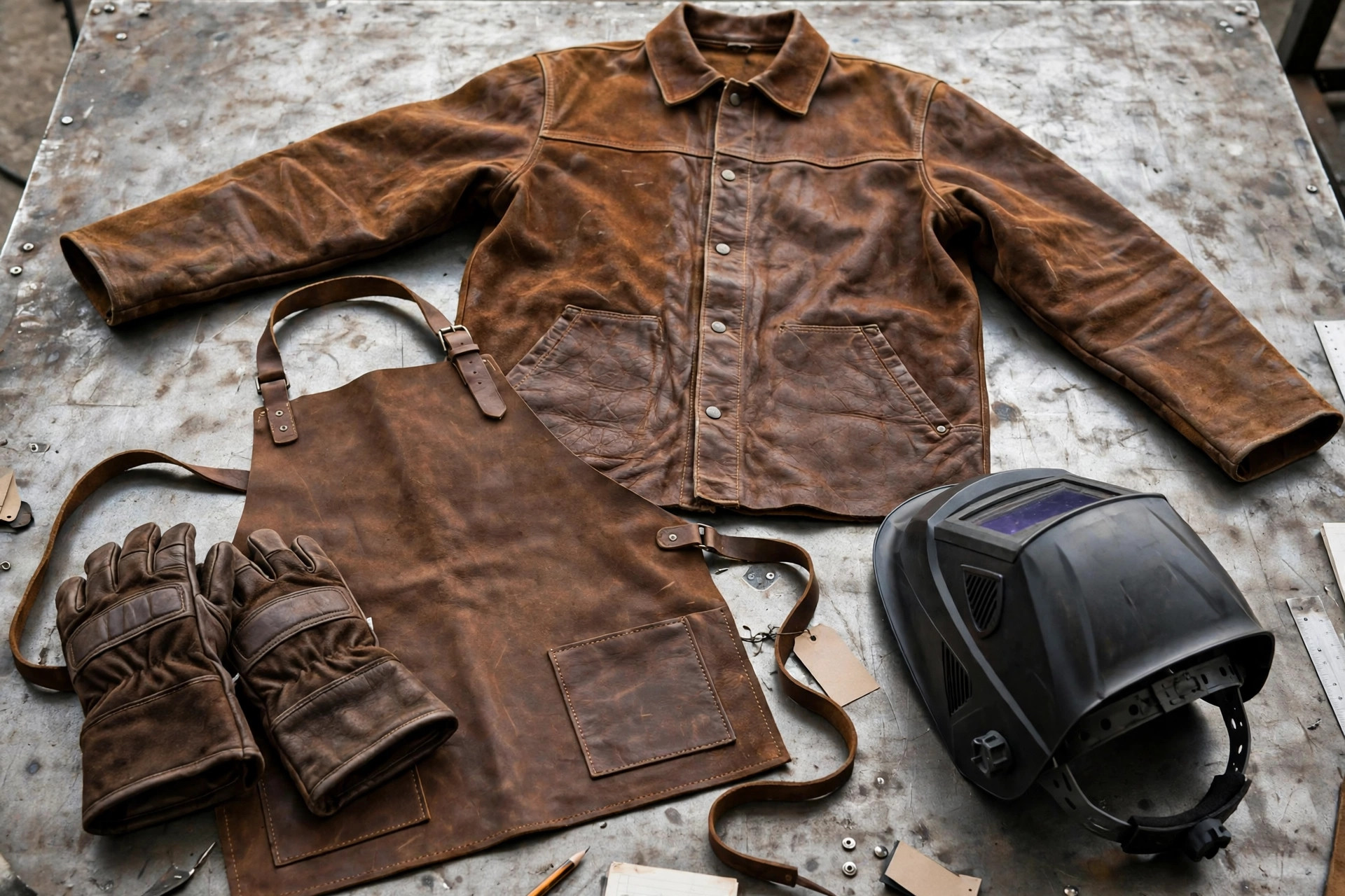 Flat lay of a leather welding jacket, leather apron, welding gloves and a welding helmet on a metal workbench