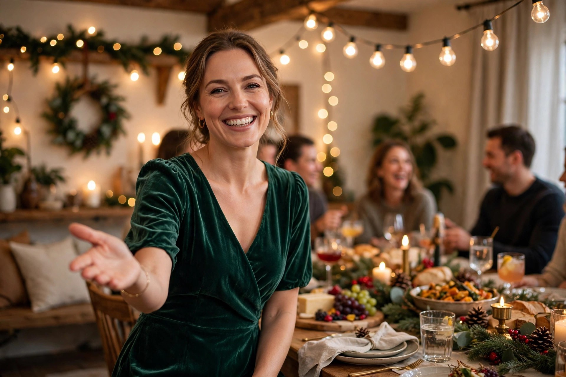 A hostess in an emerald dress greeting guests at a warmly decorated home holiday party