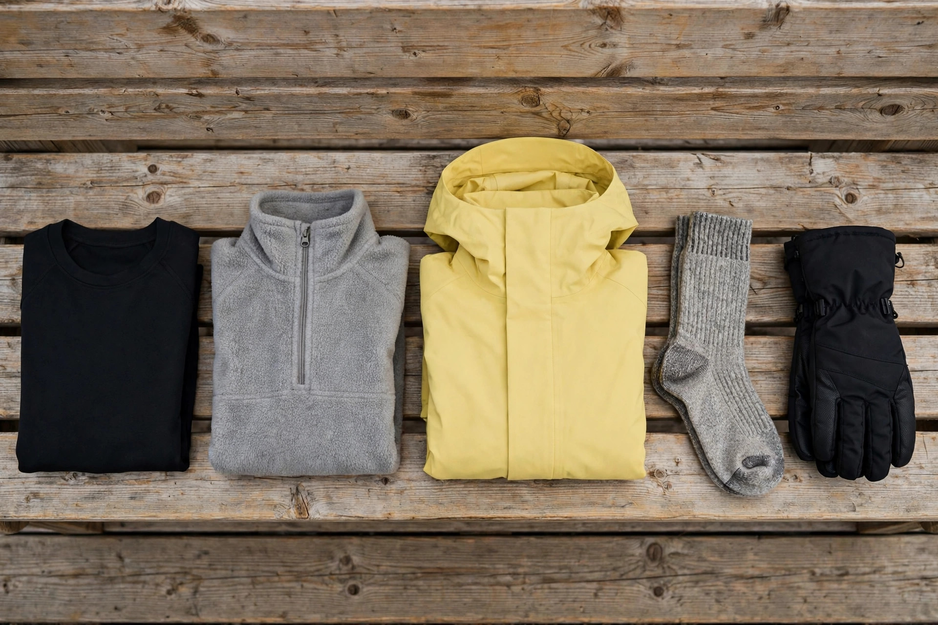Flat lay of folded ski layers on a wooden bench: base layer top, fleece mid layer, shell jacket, ski socks and gloves