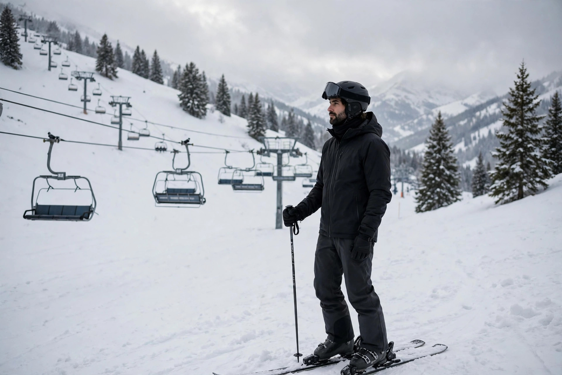Skier in a full modern ski kit with helmet and goggles standing on a snowy slope with a chairlift behind