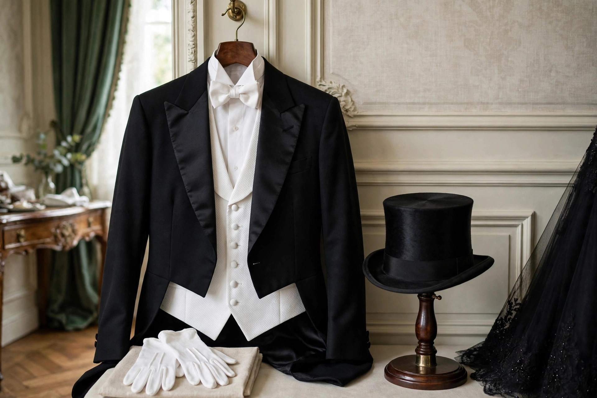 A black evening tailcoat with a white piqué waistcoat, white bow tie, white gloves and a top hat