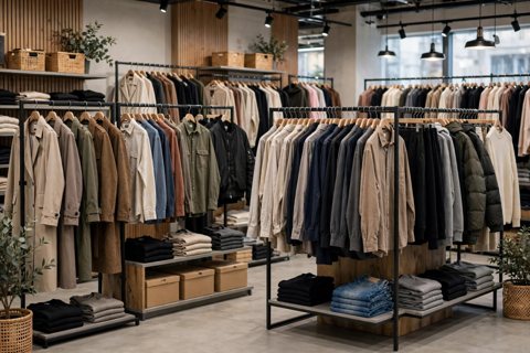 Fashionable clothing on showroom racks