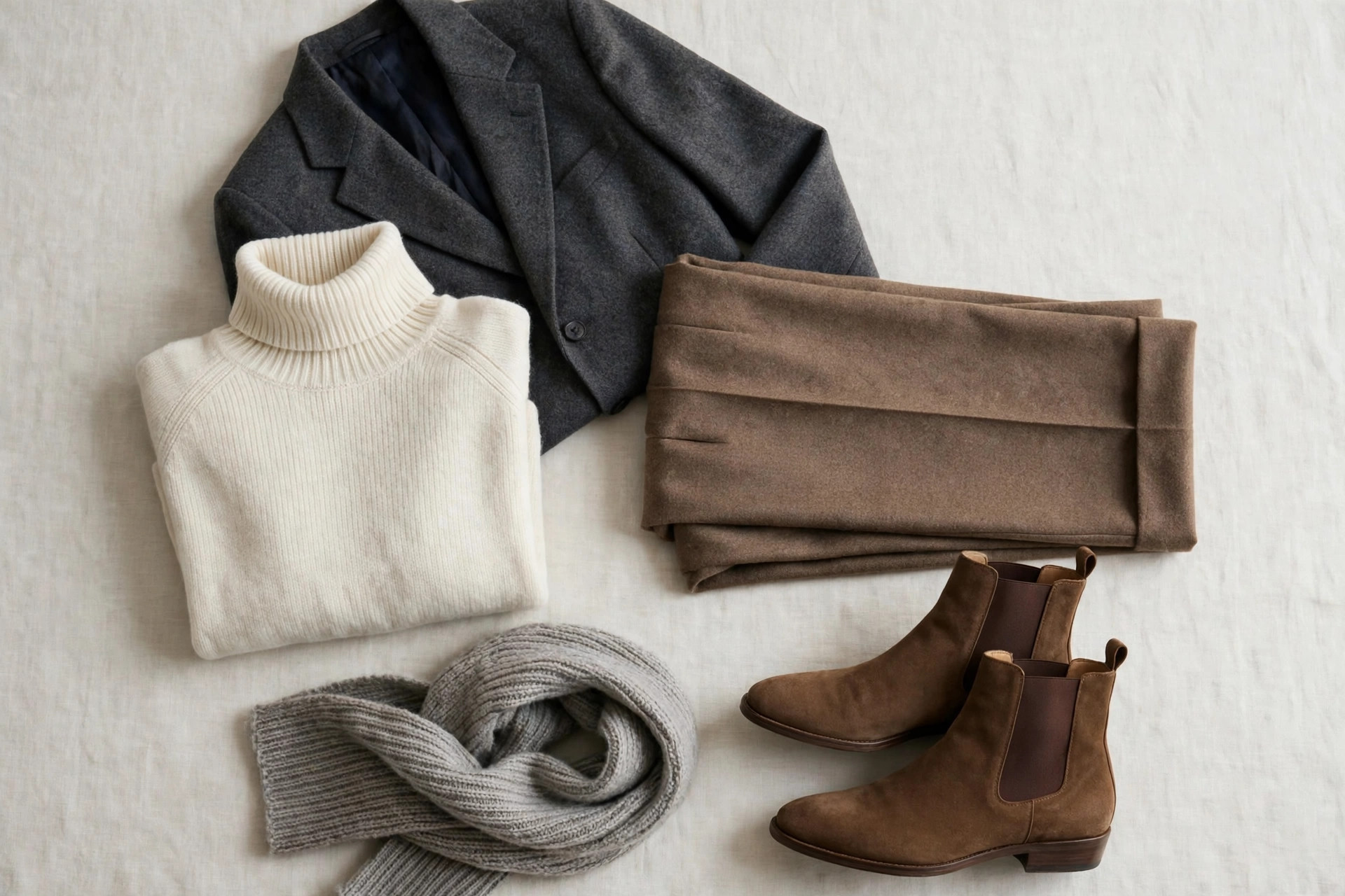 Flat lay of winter work outfit pieces on a light background: blazer, turtleneck sweater, wool trousers, ankle boots and a scarf