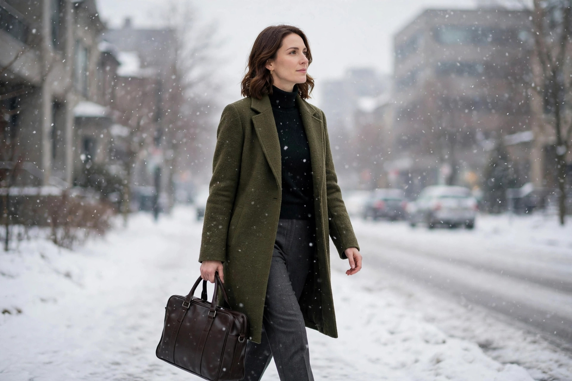 Professionally dressed woman in a wool coat, turtleneck and trousers walking along a snowy city street carrying a work bag