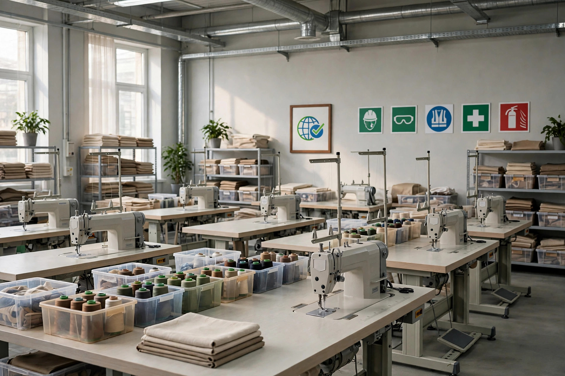 Sewing floor in a WRAP-certified apparel factory with orderly workstations and safety signage