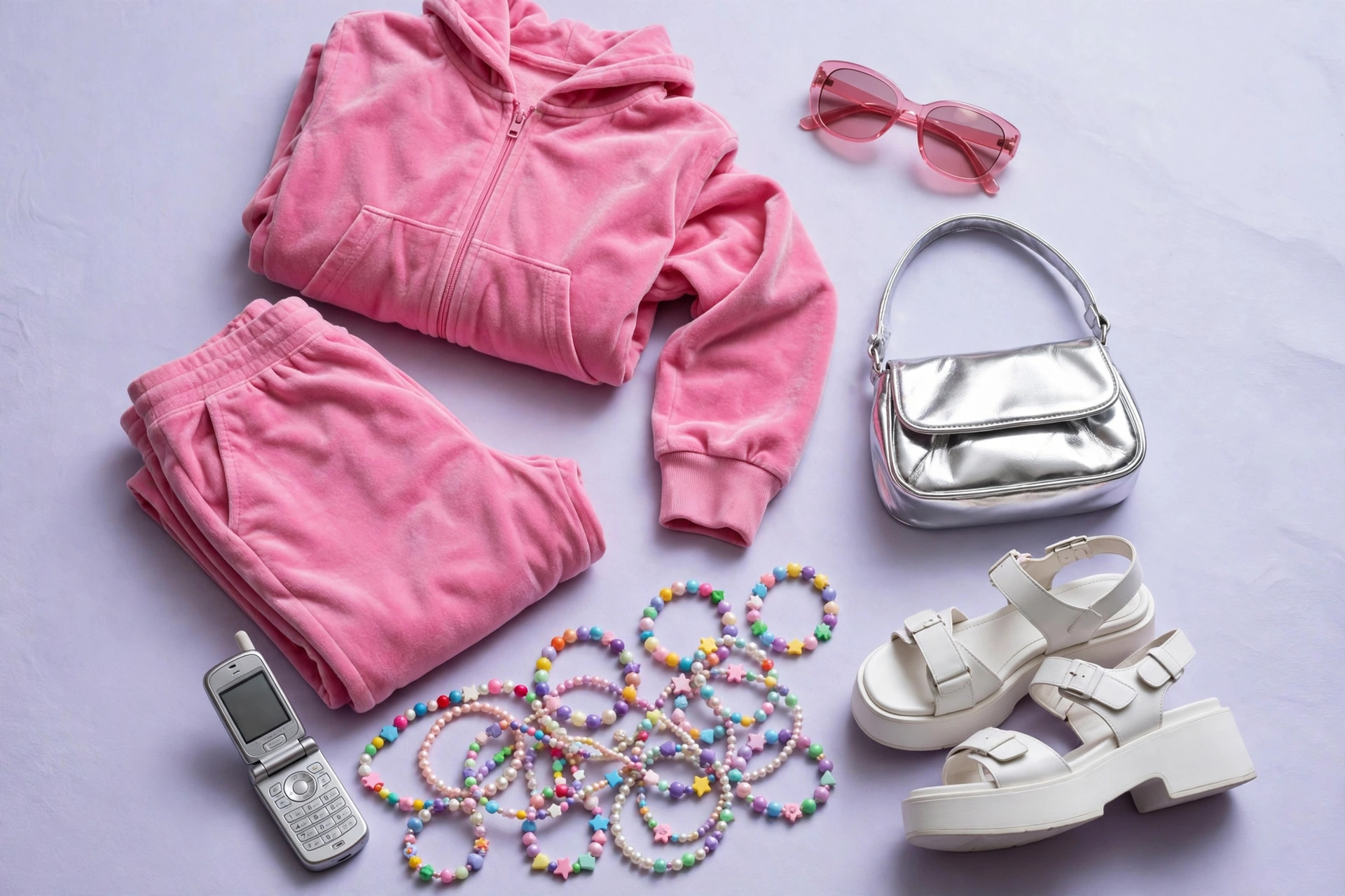 Flat lay of Y2K fashion pieces on a pastel background: a velour tracksuit, tinted sunglasses, a mini shoulder bag, platform sandals and beaded jewellery