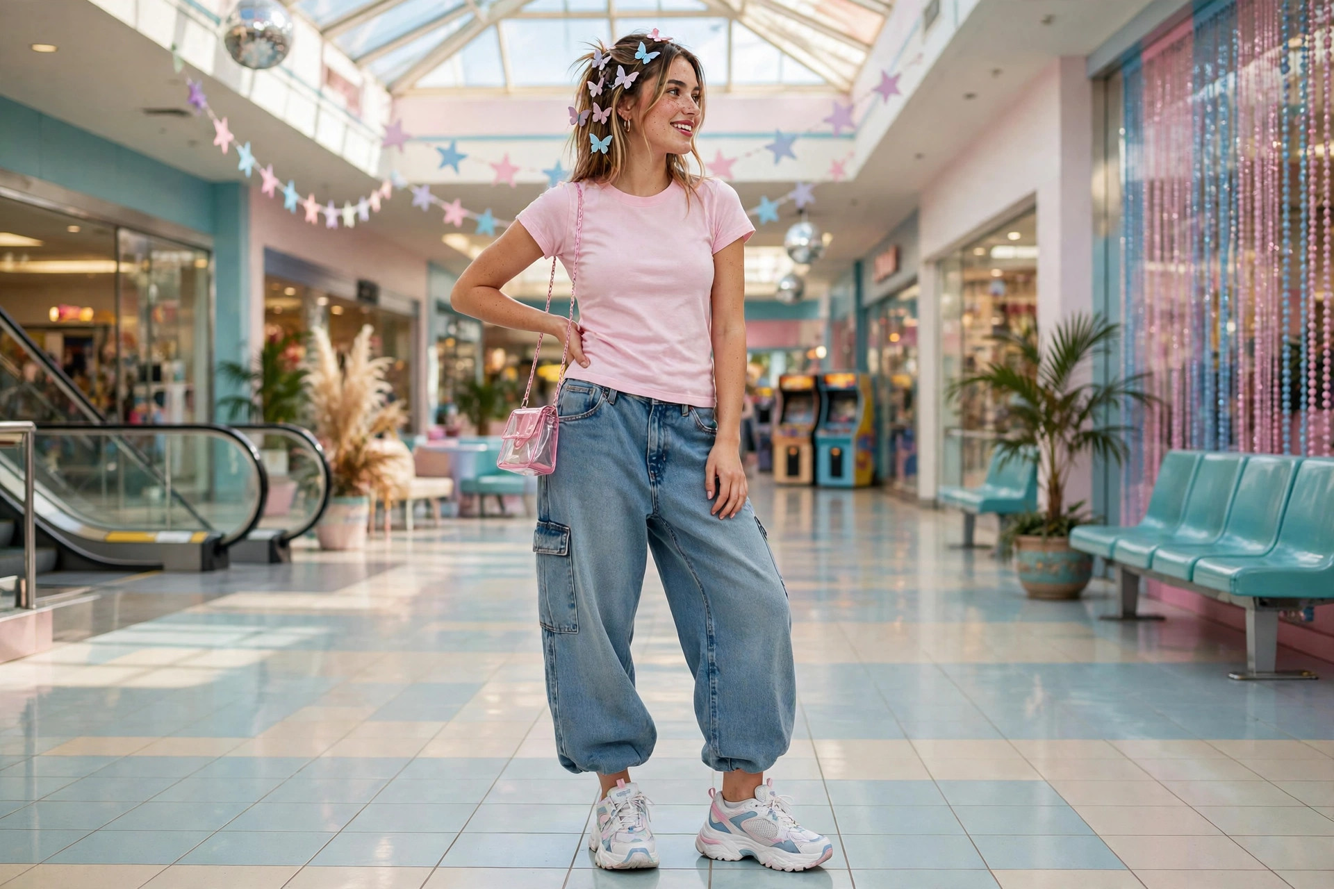 Young woman wearing Y2K fashion: low-rise baggy jeans, a baby tee, a tiny shoulder bag, chunky trainers and butterfly hair clips in a bright retro mall