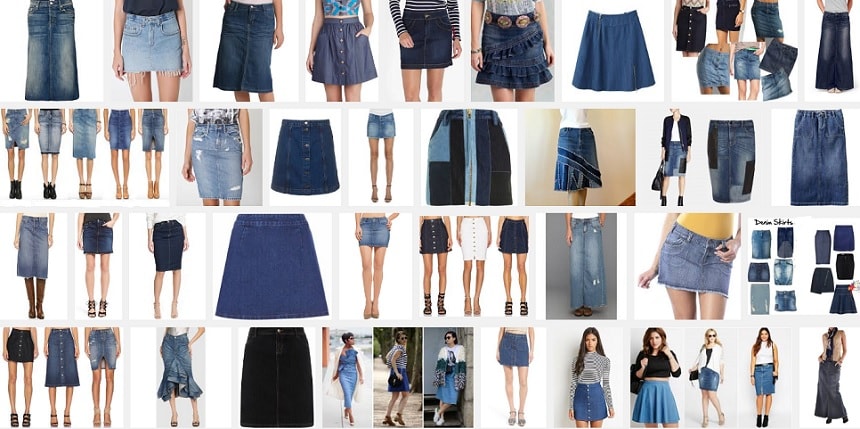 different color denim skirts