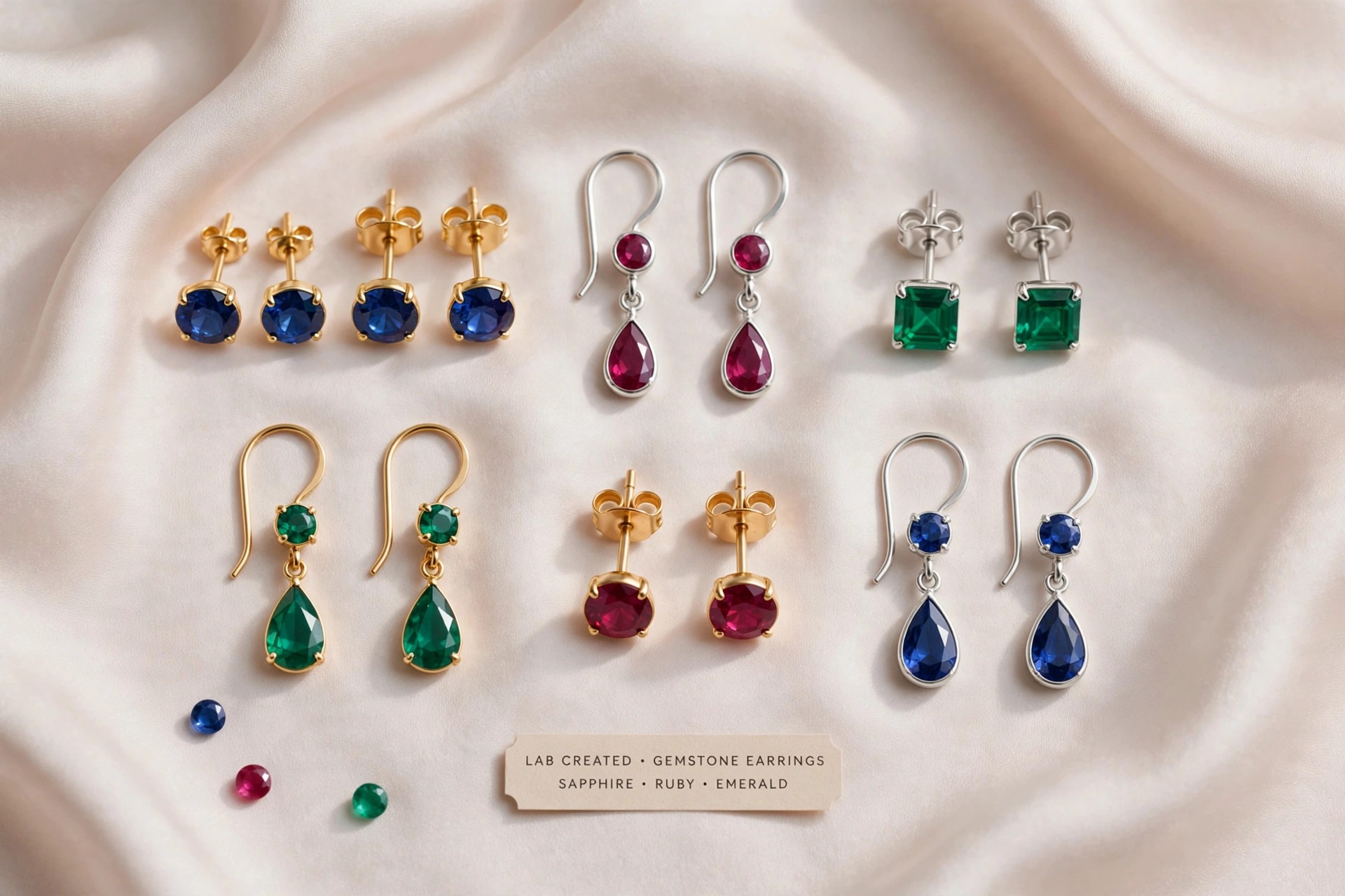 Lab created gemstone earrings with sapphire, ruby and emerald colored studs and drops in gold and silver settings on pale silk