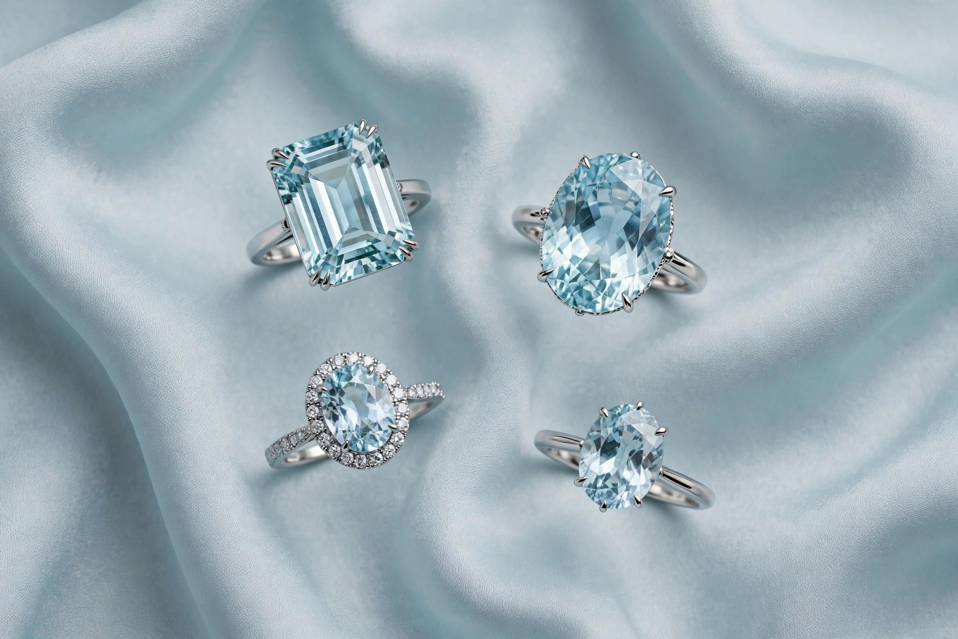 Aquamarine rings with large pale blue emerald-cut and oval aquamarines in white gold and platinum settings on pale blue silk