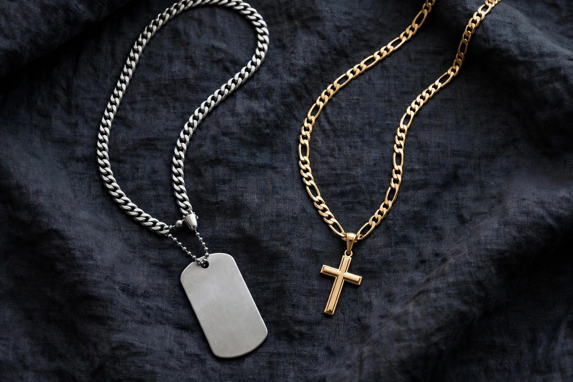 Mens necklaces with curb and figaro chains, a dog tag and a cross pendant in steel and gold on dark linen