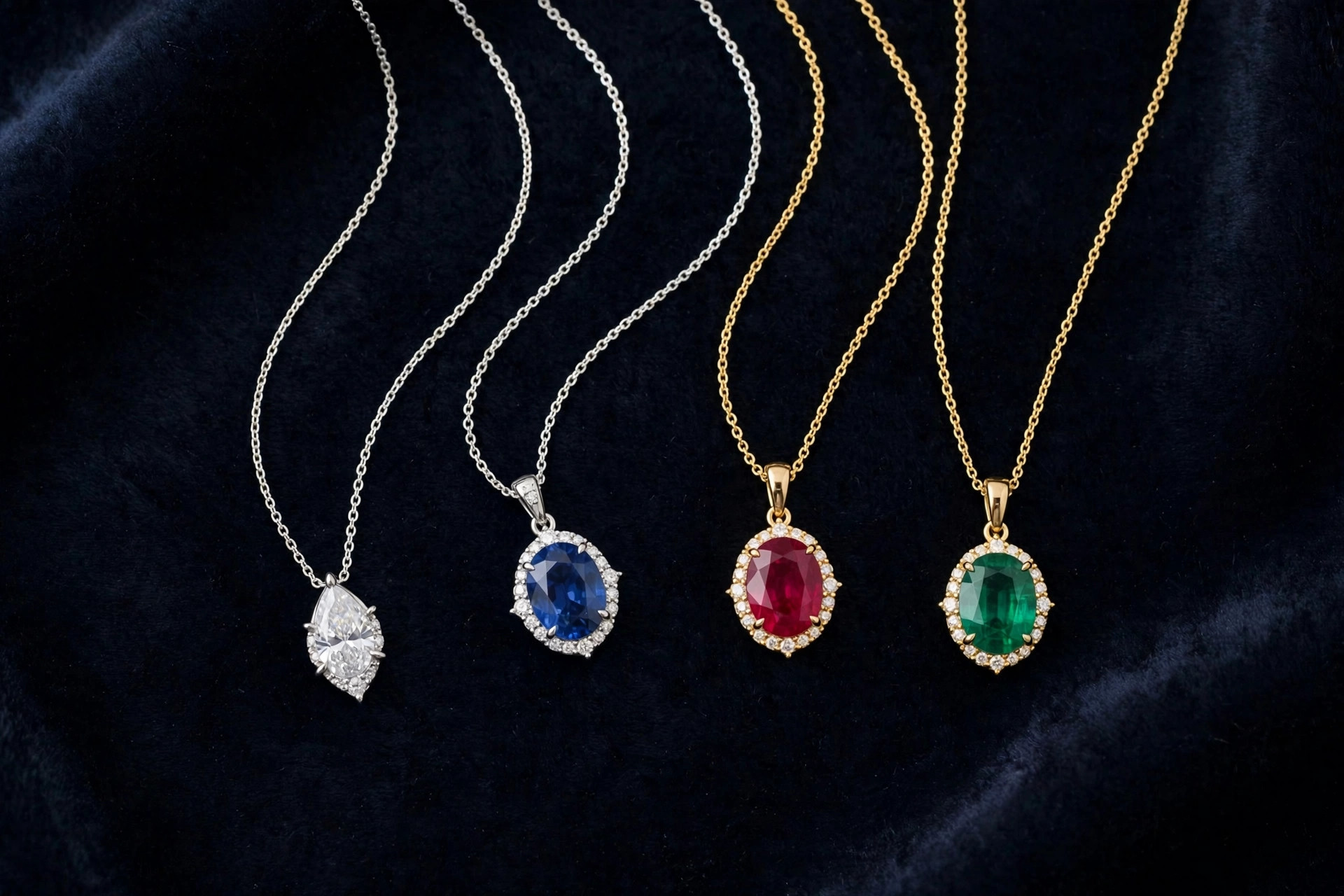 Precious gems necklaces with diamond, sapphire, ruby and emerald pendants arranged together on dark velvet
