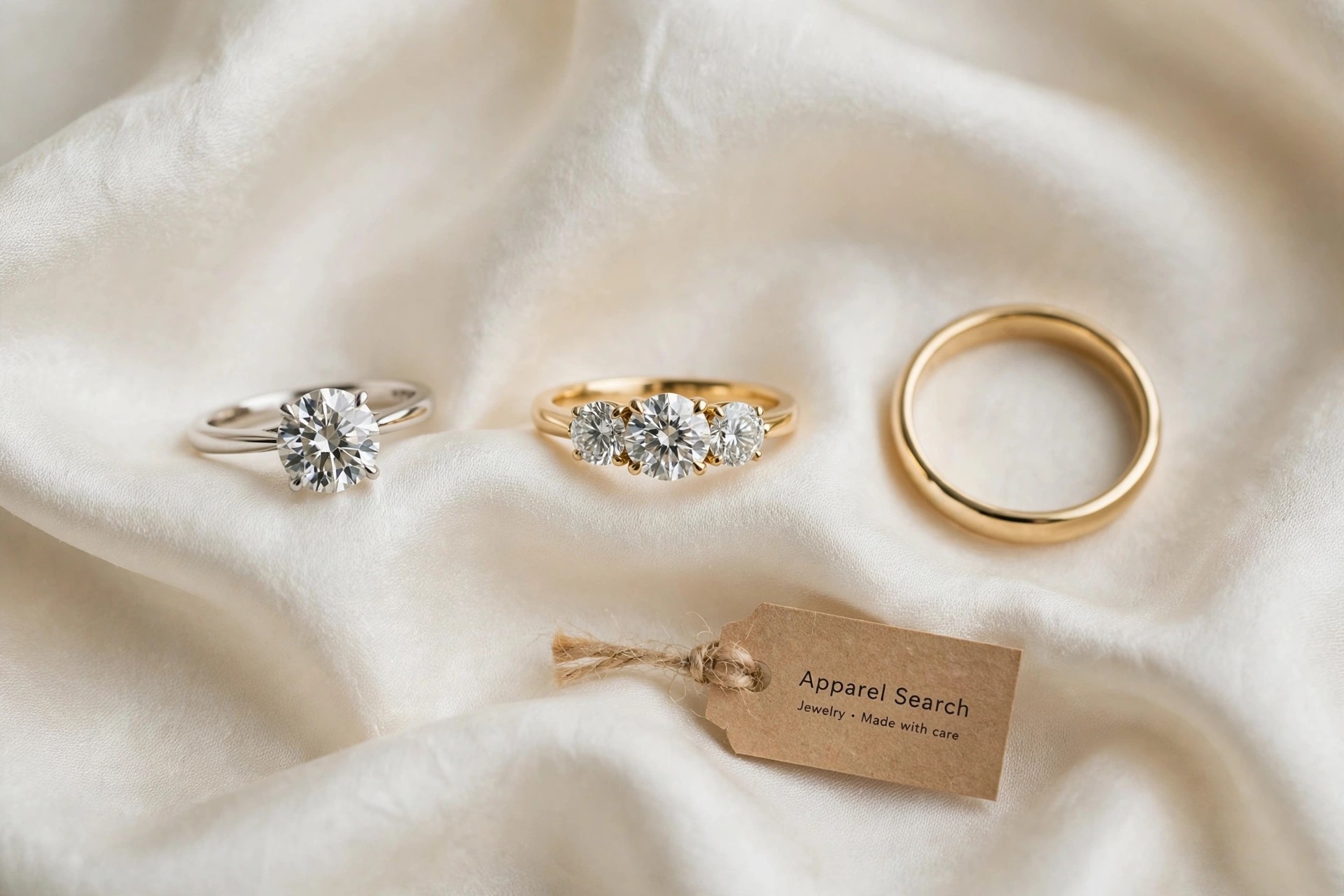 Engagement rings with a diamond solitaire and a three-stone ring beside a plain wedding band on ivory silk